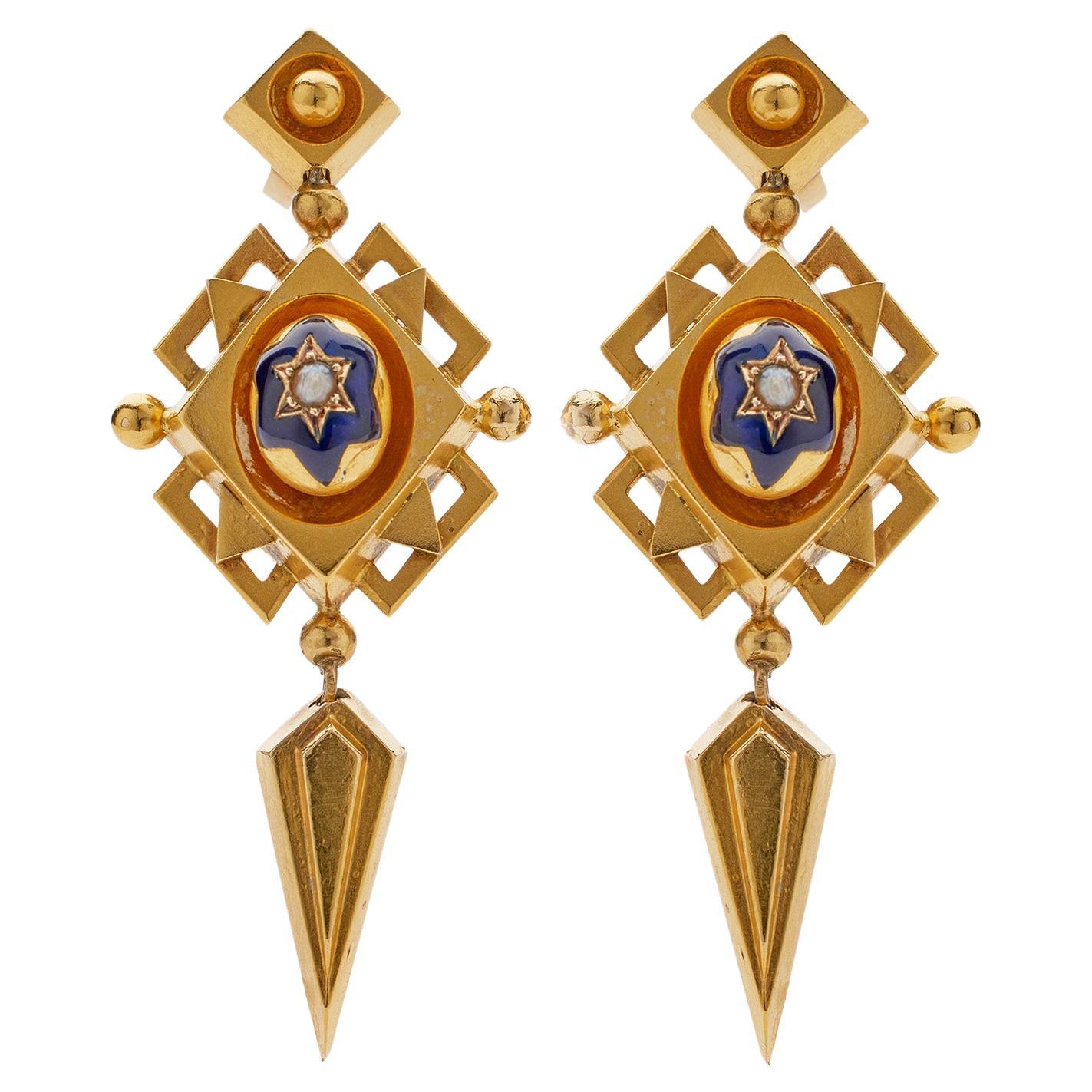 Polychrome Enamel 18K Gold Geometric Pendant Earrings For Sale