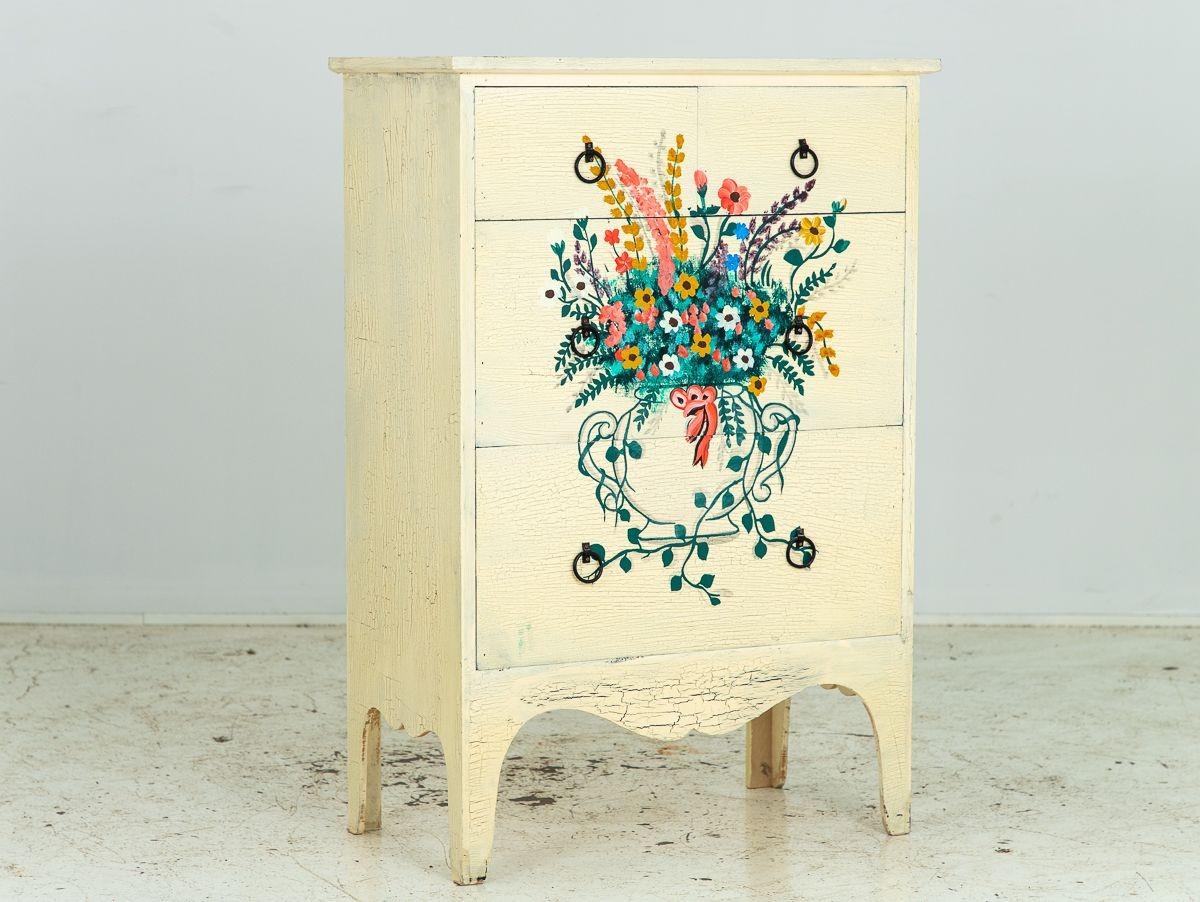 Wood Polychrome Flowers in Vase Handpainted on Chest of Drawers, Mid 20th Century For Sale