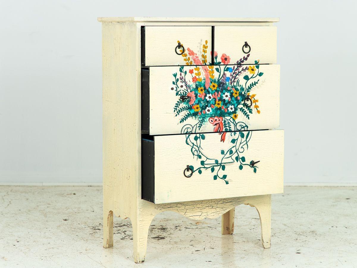 Polychrome Flowers in Vase Handpainted on Chest of Drawers, Mid 20th Century For Sale 1