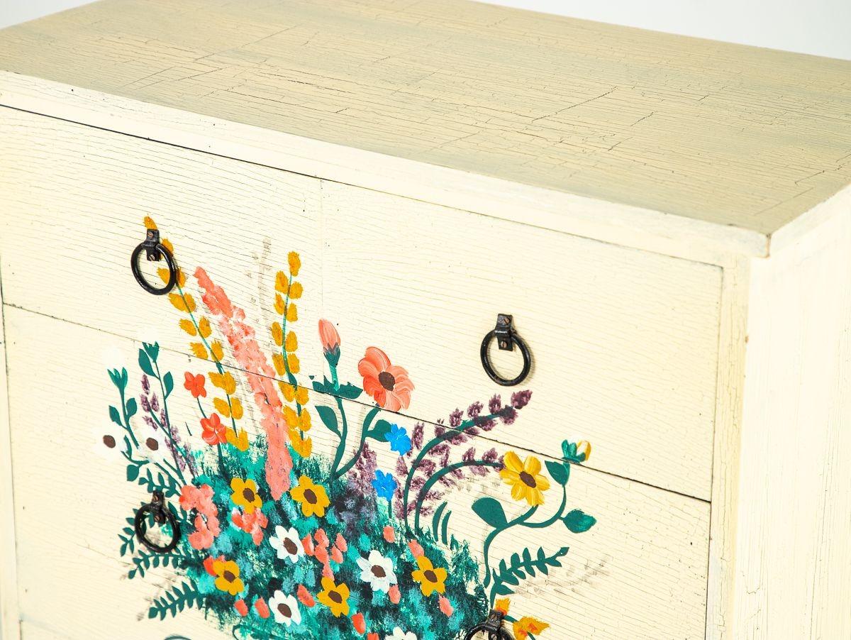 Polychrome Flowers in Vase Handpainted on Chest of Drawers, Mid 20th Century For Sale 2