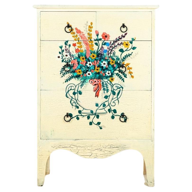 Polychrome Flowers in Vase Handpainted on Chest of Drawers, Mid 20th Century For Sale