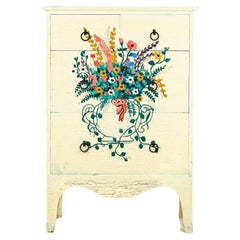 Retro Polychrome Flowers in Vase Handpainted on Chest of Drawers, Mid 20th Century