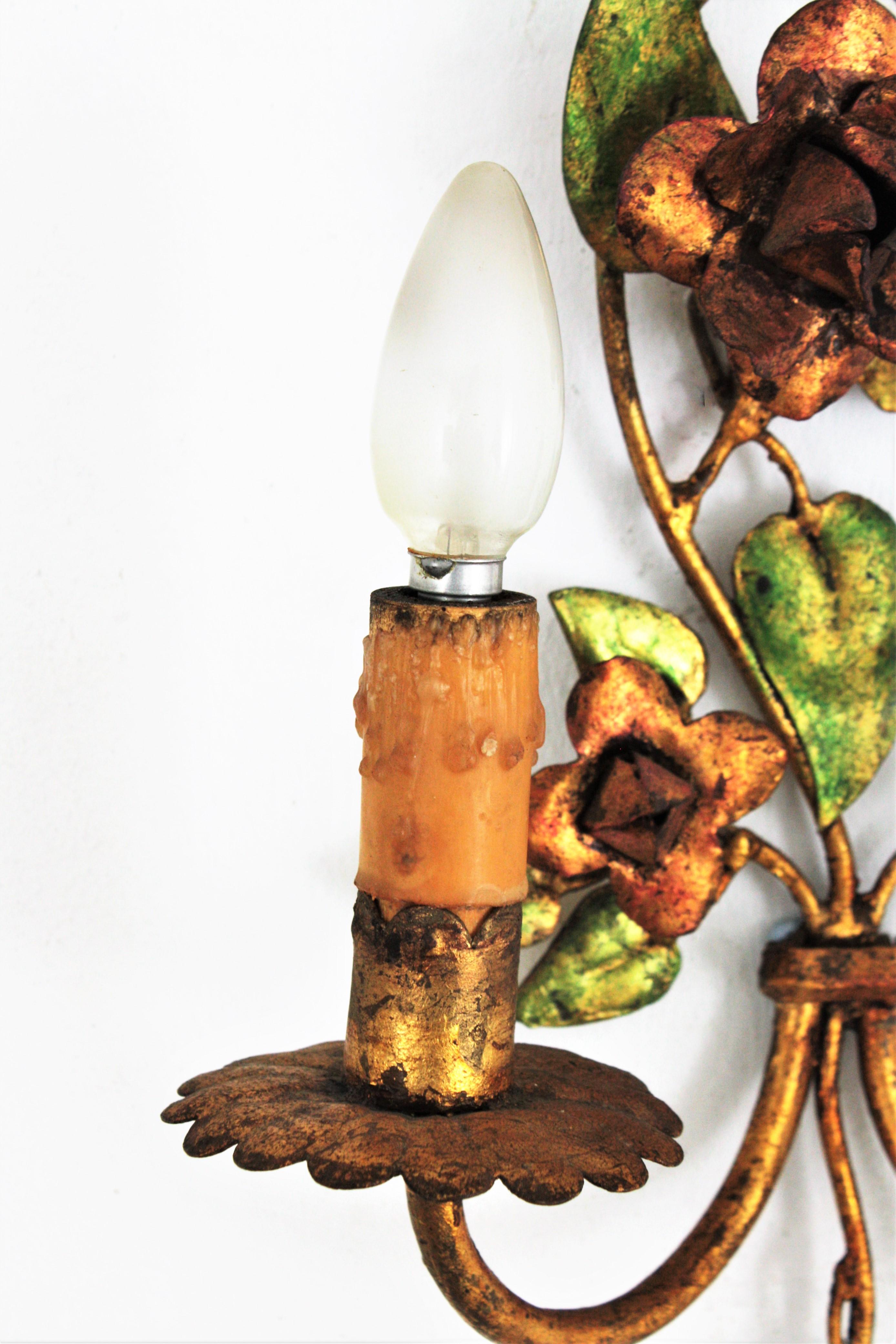 Hollywood Regency French Foliage Floral Wall Sconce in Polychrome Gilt Iron,  1940s