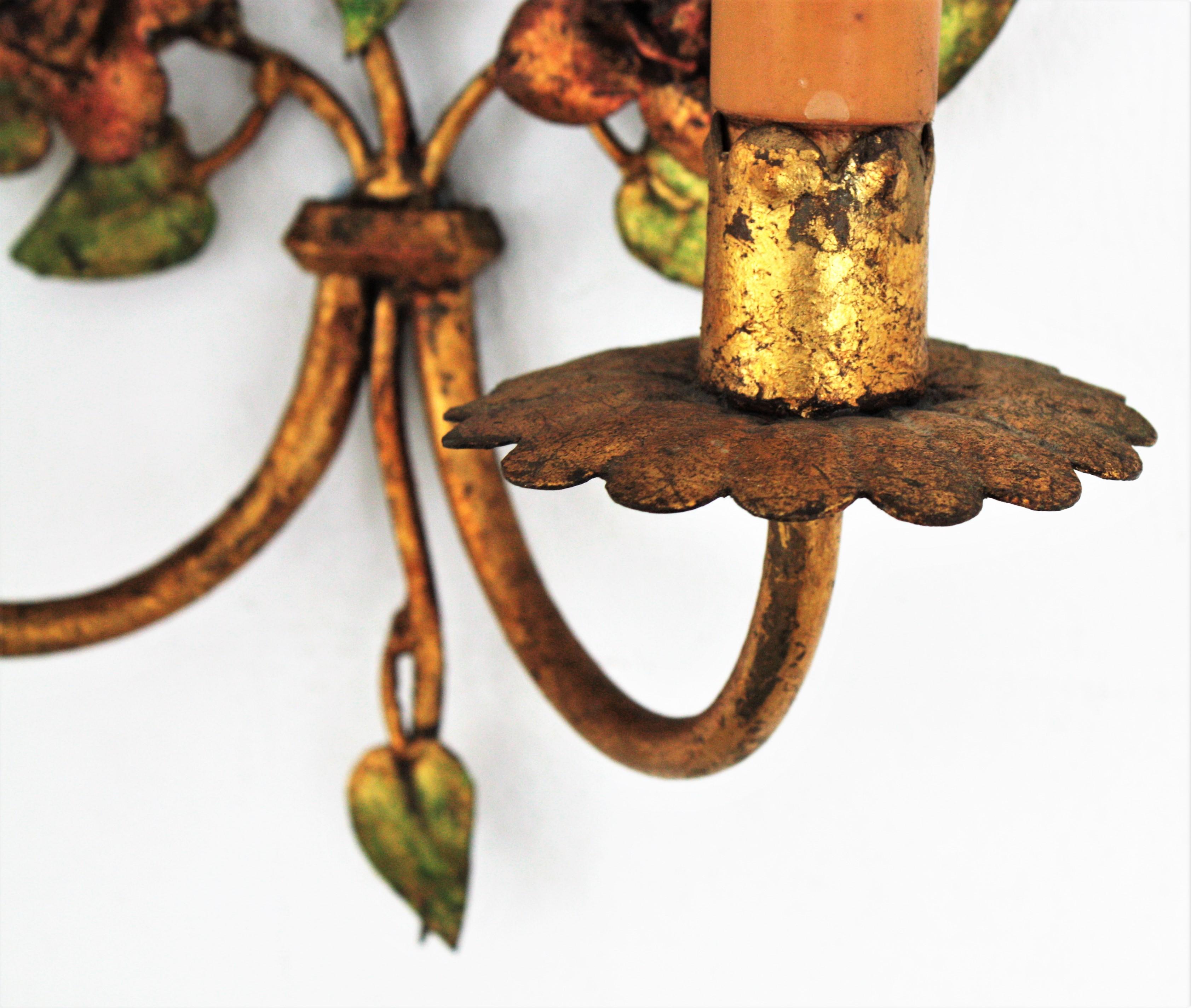 20th Century French Foliage Floral Wall Sconce in Polychrome Gilt Iron,  1940s
