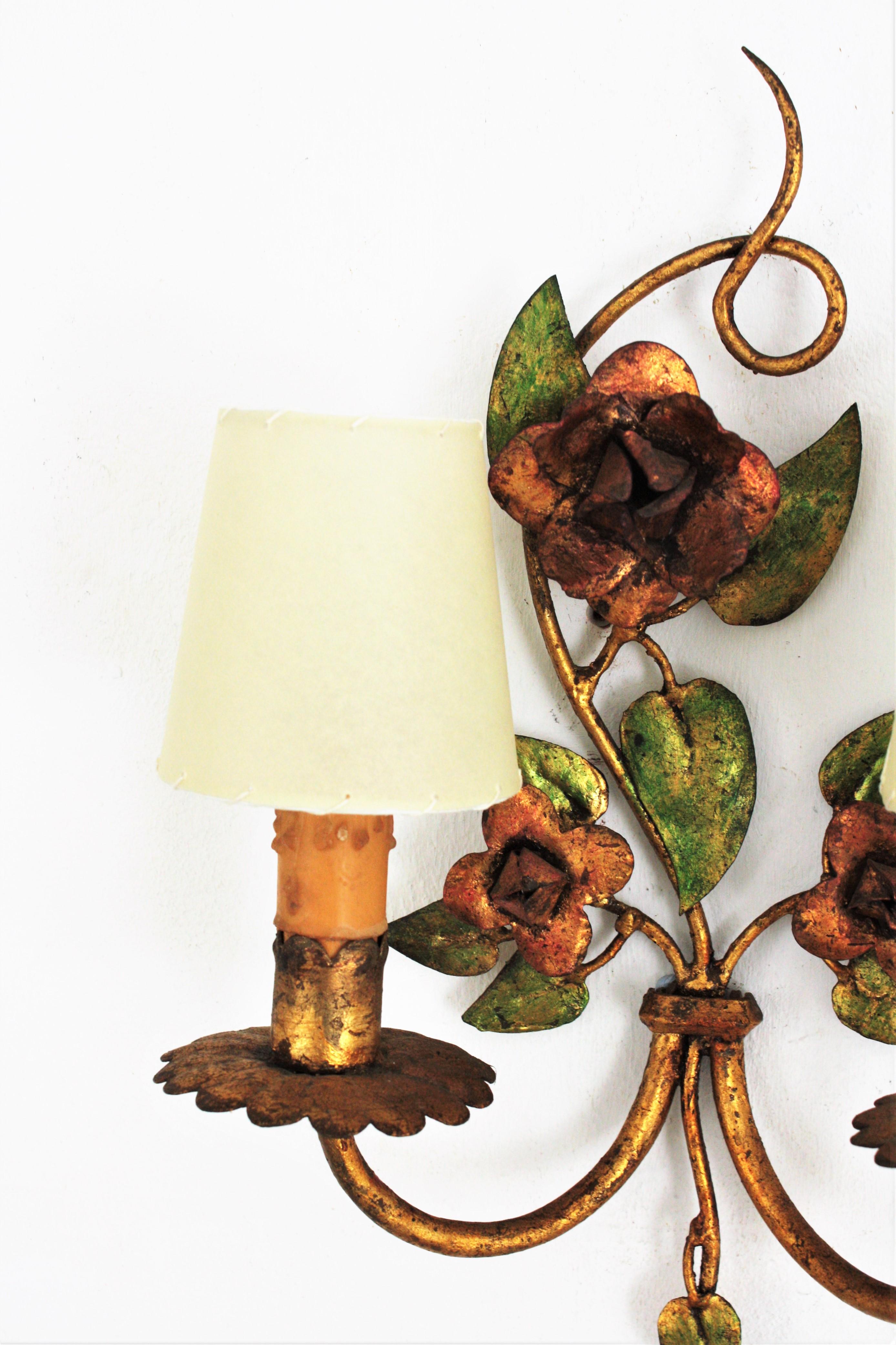 Wrought Iron French Foliage Floral Wall Sconce in Polychrome Gilt Iron,  1940s