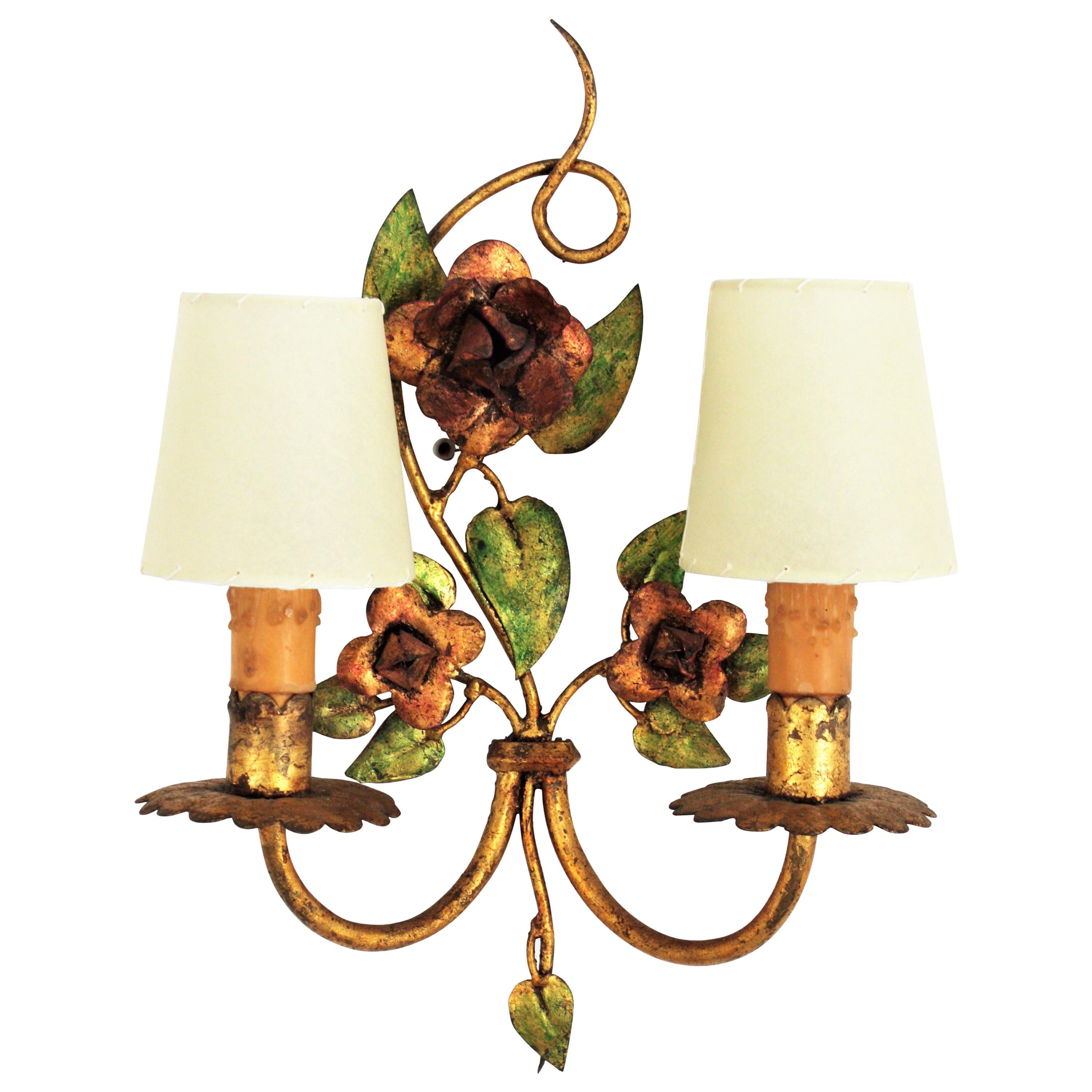 French Foliage Floral Wall Sconce in Polychrome Gilt Iron,  1940s