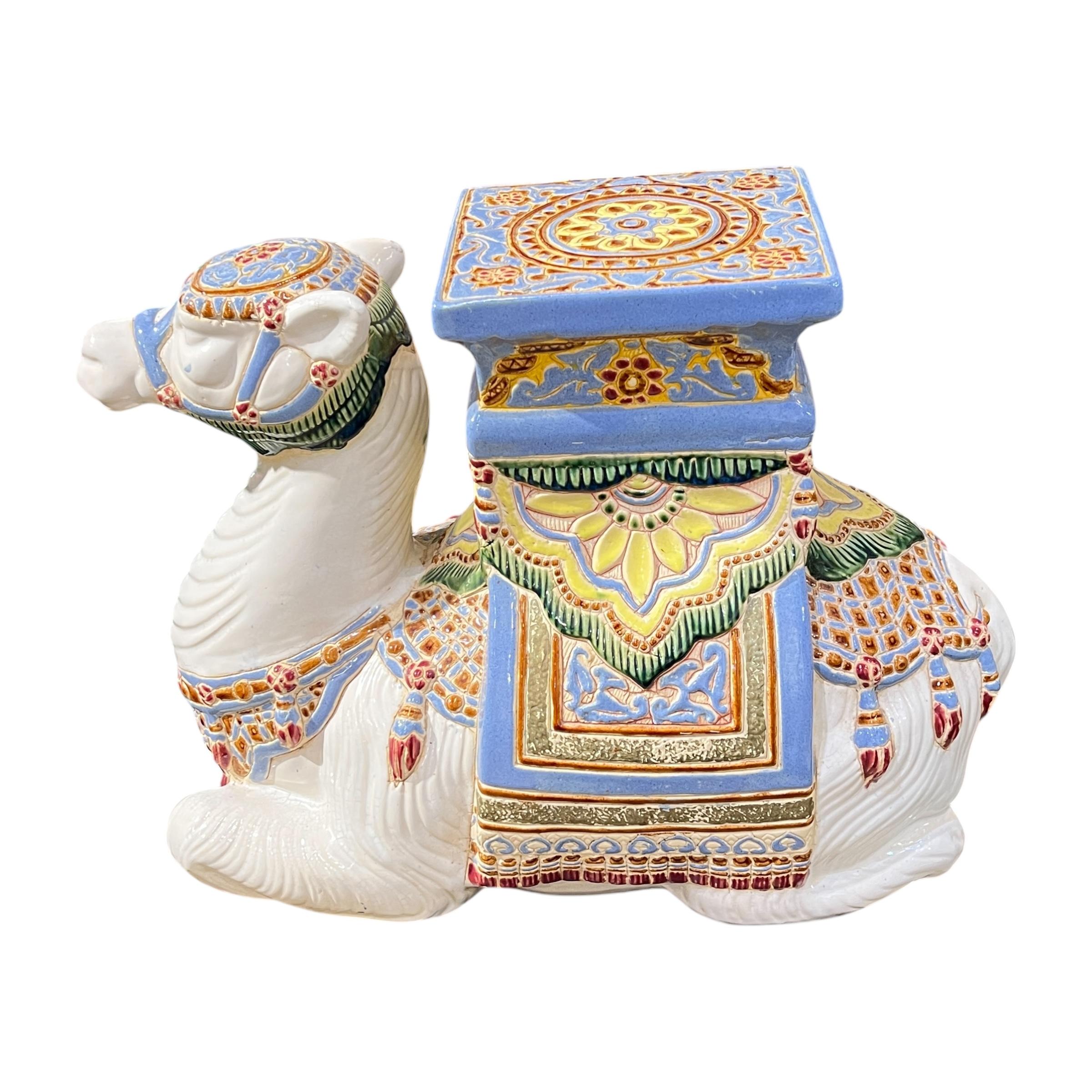 Vietnamese Polychrome Glazed Majolica Camel Sculpture / Plant Stand / Garden Seat For Sale