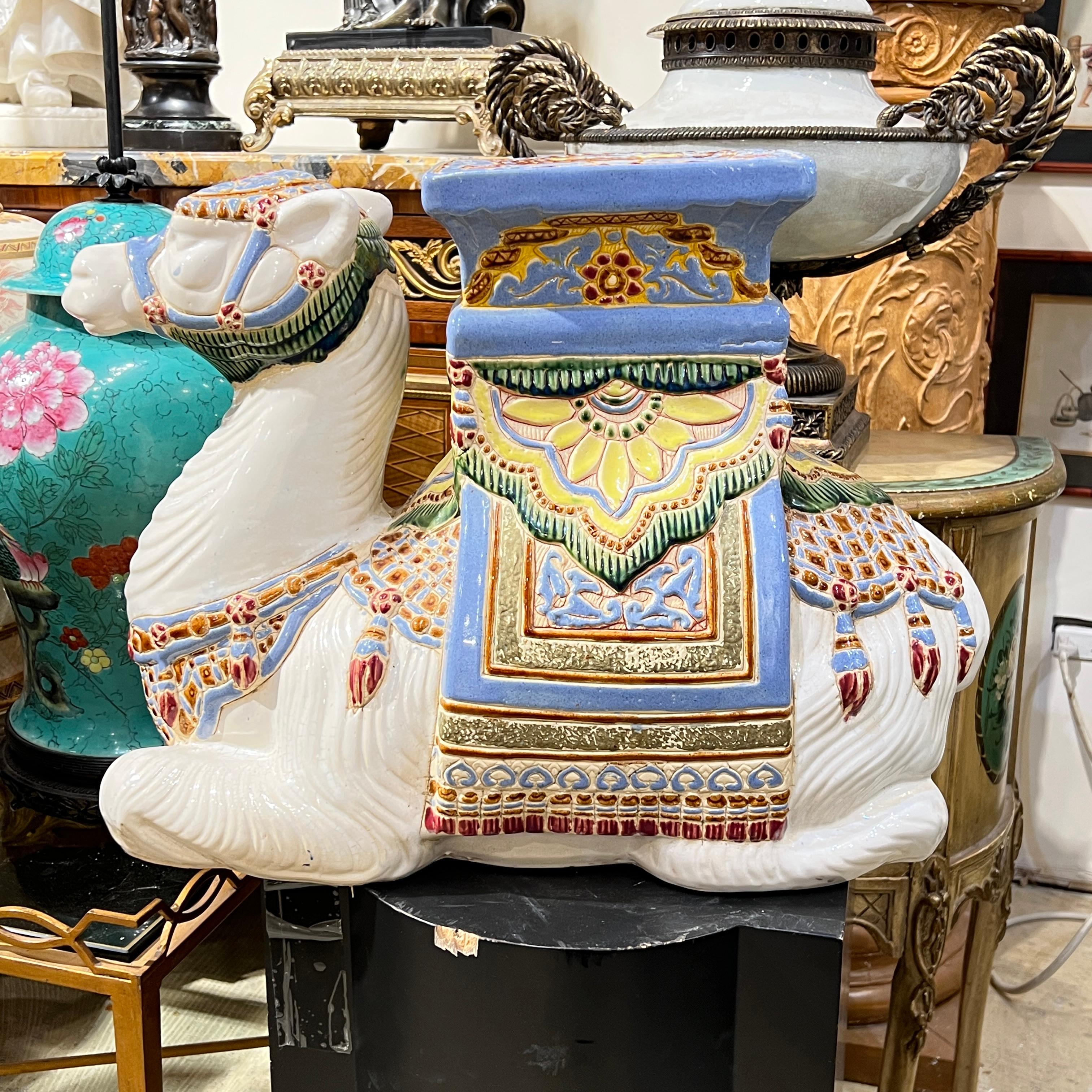Polychrome Glazed Majolica Camel Sculpture / Plant Stand / Garden Seat In Good Condition For Sale In New York, NY