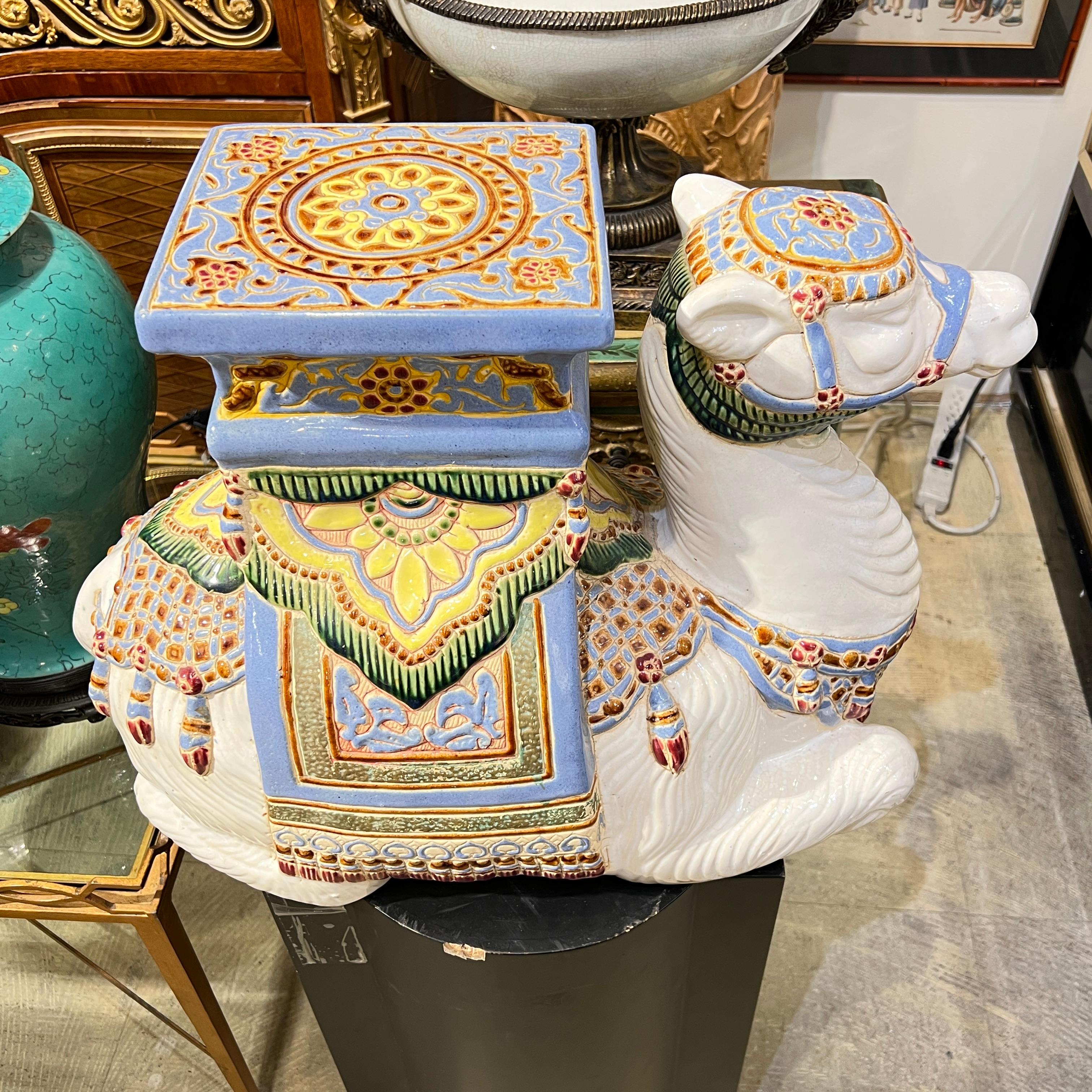 Late 20th Century Polychrome Glazed Majolica Camel Sculpture / Plant Stand / Garden Seat For Sale