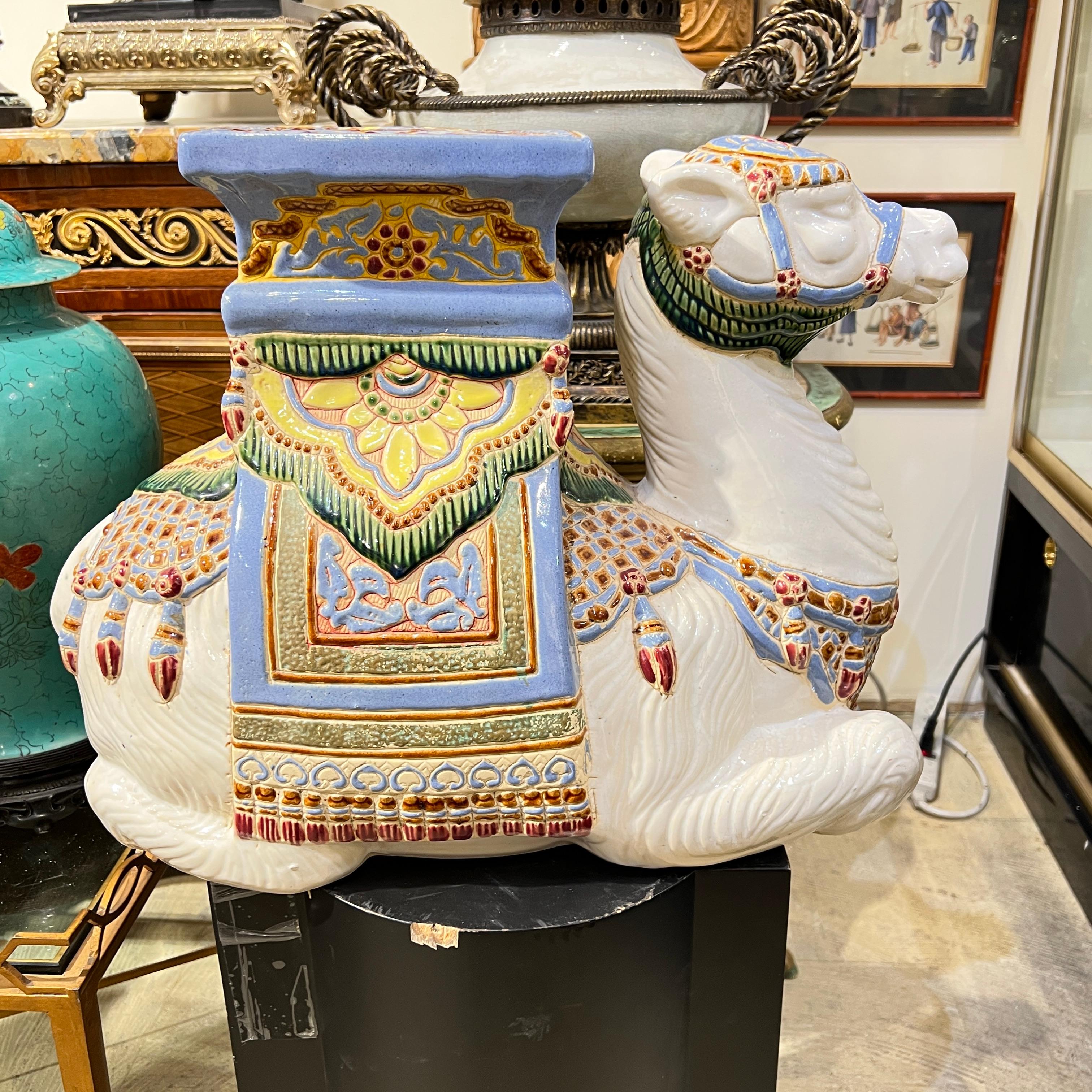 Polychrome Glazed Majolica Camel Sculpture / Plant Stand / Garden Seat For Sale 1