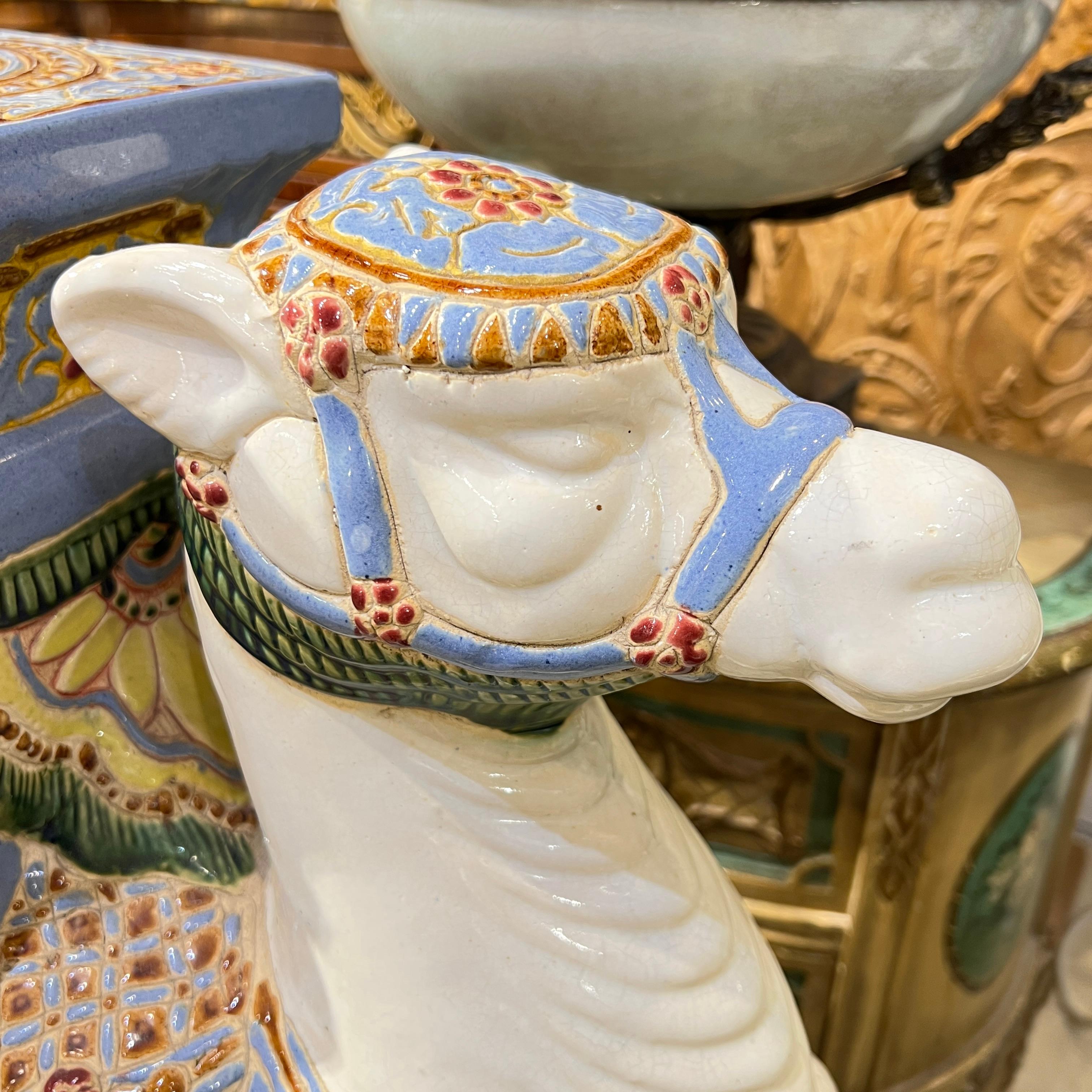 Polychrome Glazed Majolica Camel Sculpture / Plant Stand / Garden Seat For Sale 2