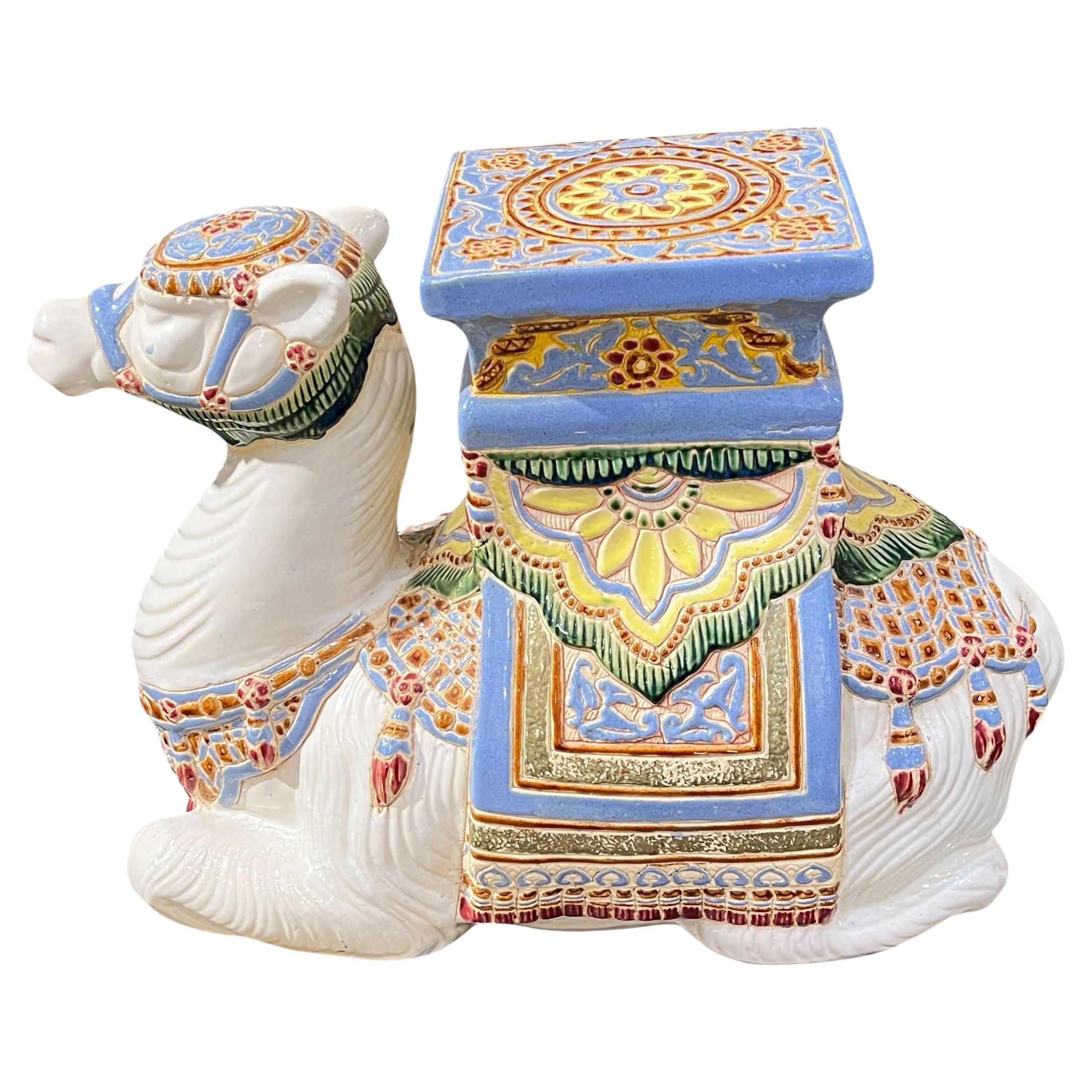 Polychrome Glazed Majolica Camel Sculpture / Plant Stand / Garden Seat For Sale