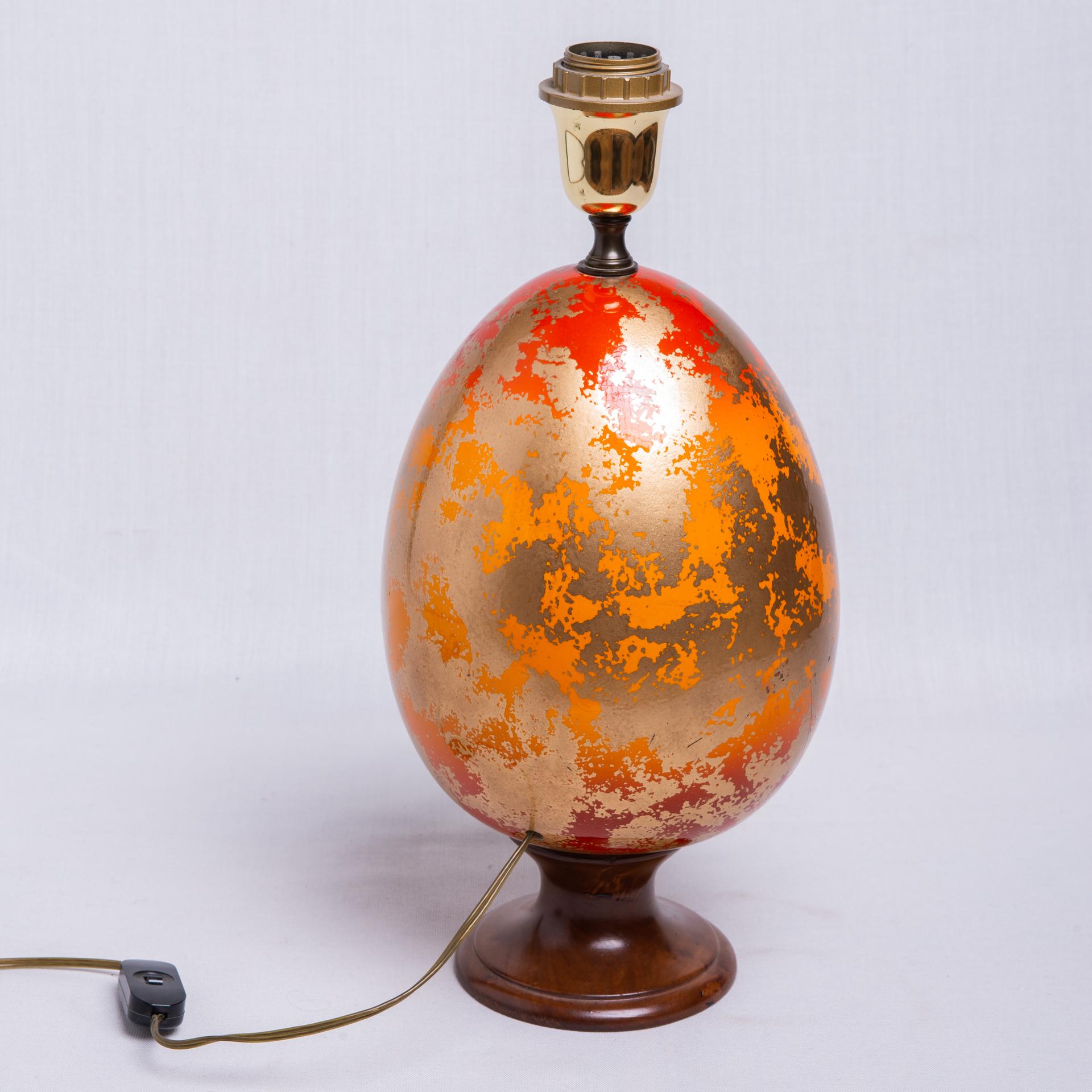 A special table lamp formed by an egg in unbreakable material (may be rubber, I don't remember name), mounted on a wooden base. Material consisting of polychrome colors. I mounted that strange egg on a wooden base in order to obtain an unusual 