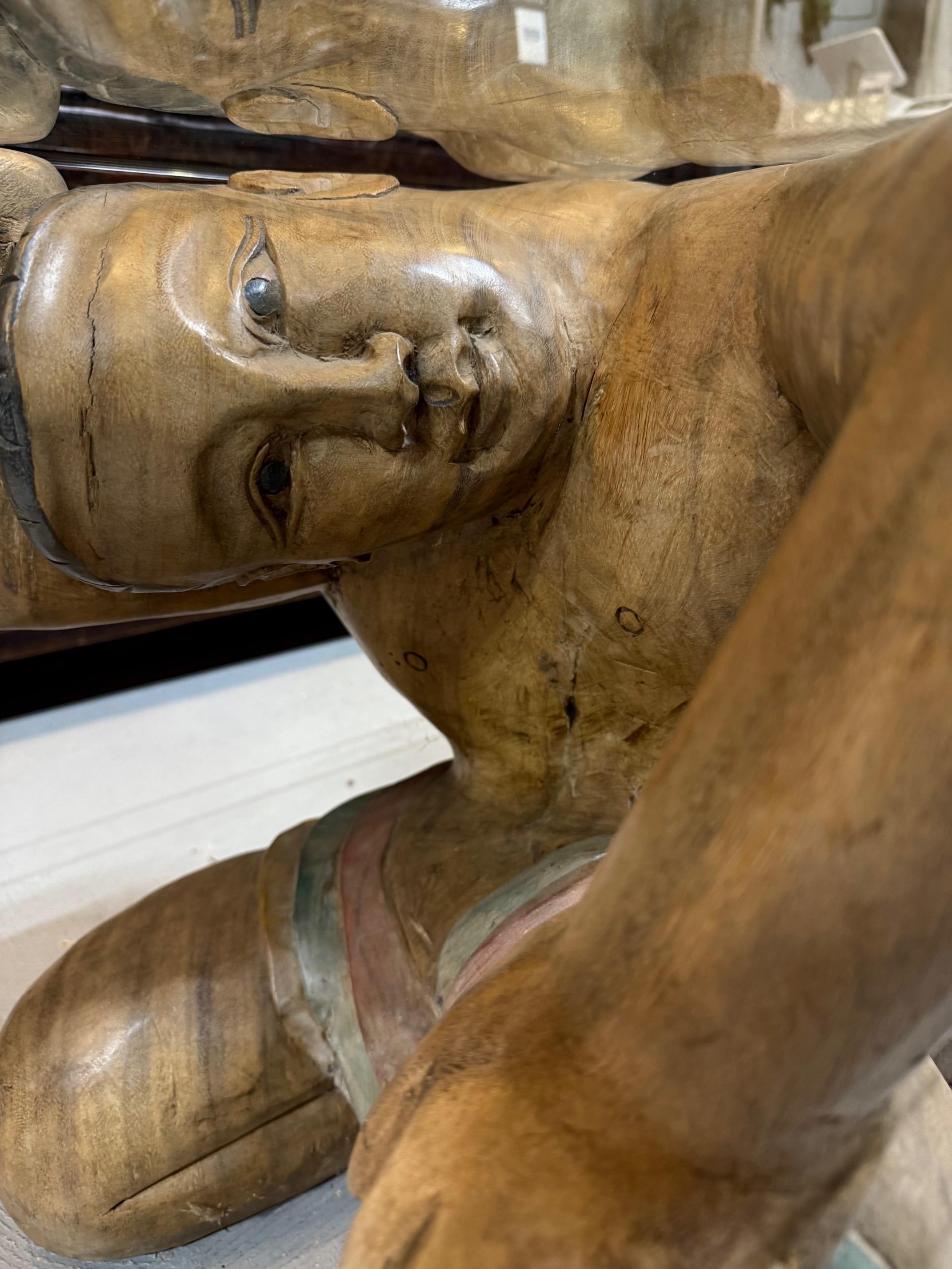 Polychrome Hand Carved Wood Figural Coffee Table, Glass Top For Sale 6