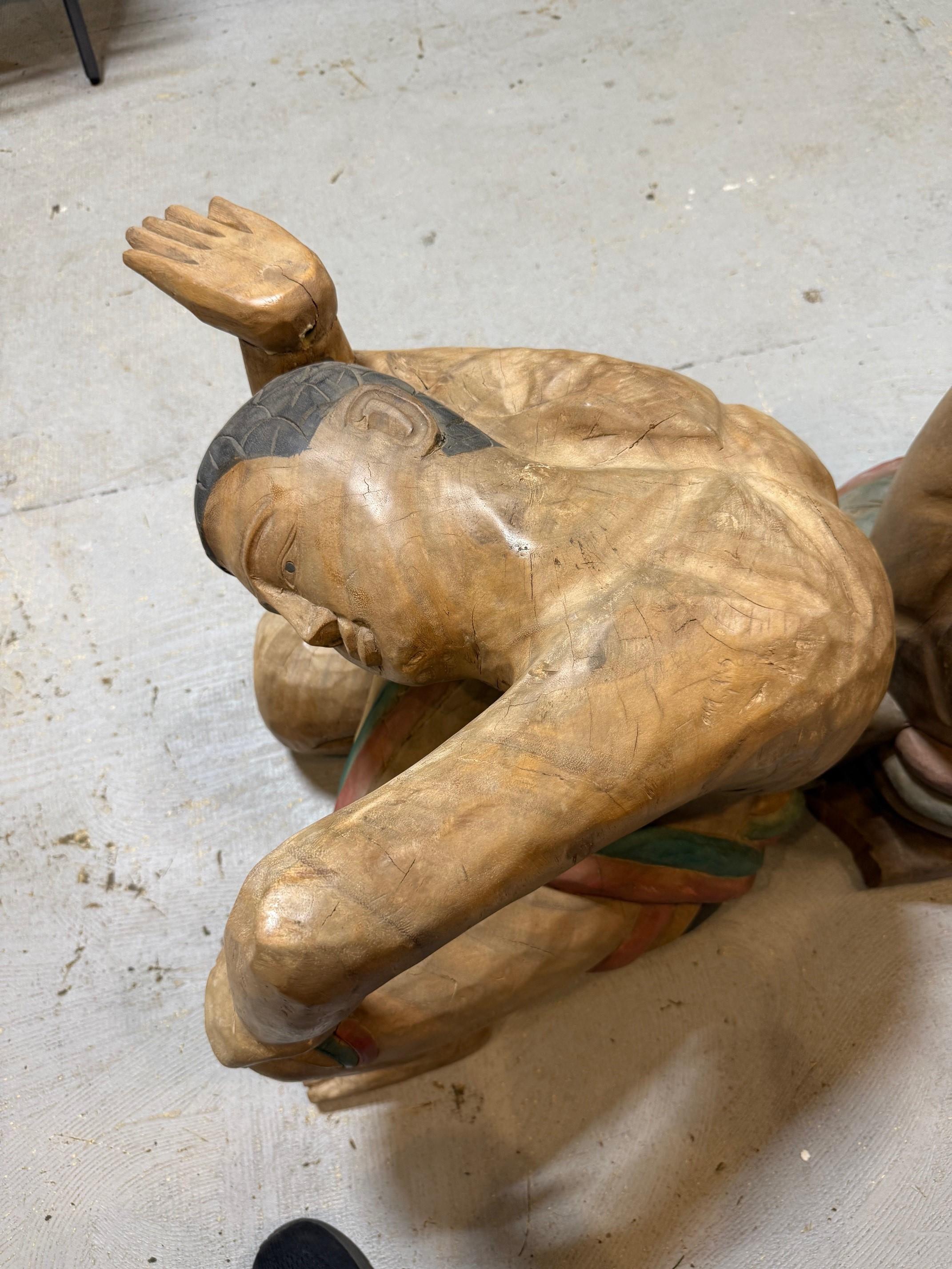Polychrome Hand Carved Wood Figural Coffee Table, Glass Top For Sale 8