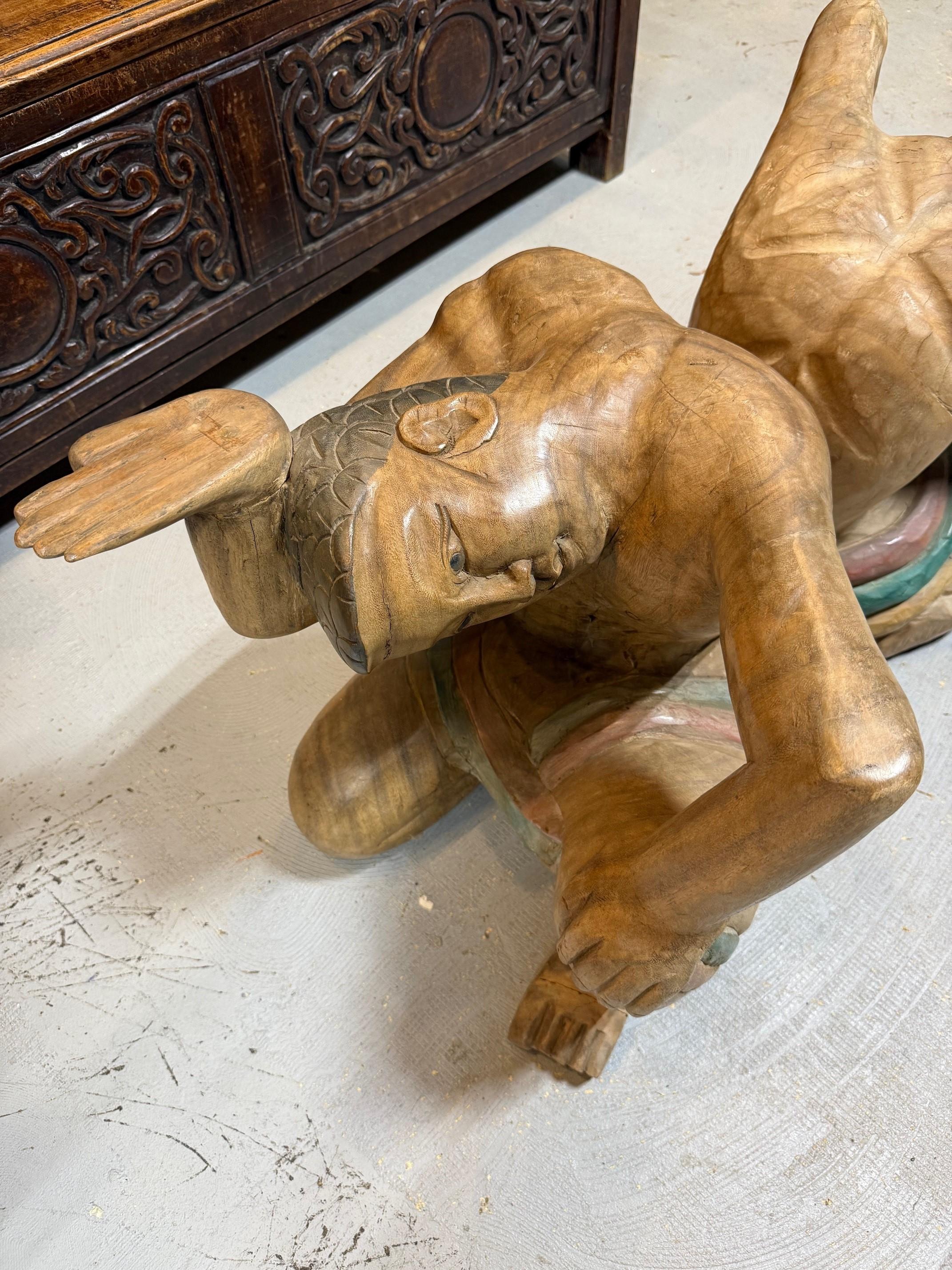Polychrome Hand Carved Wood Figural Coffee Table, Glass Top For Sale 9