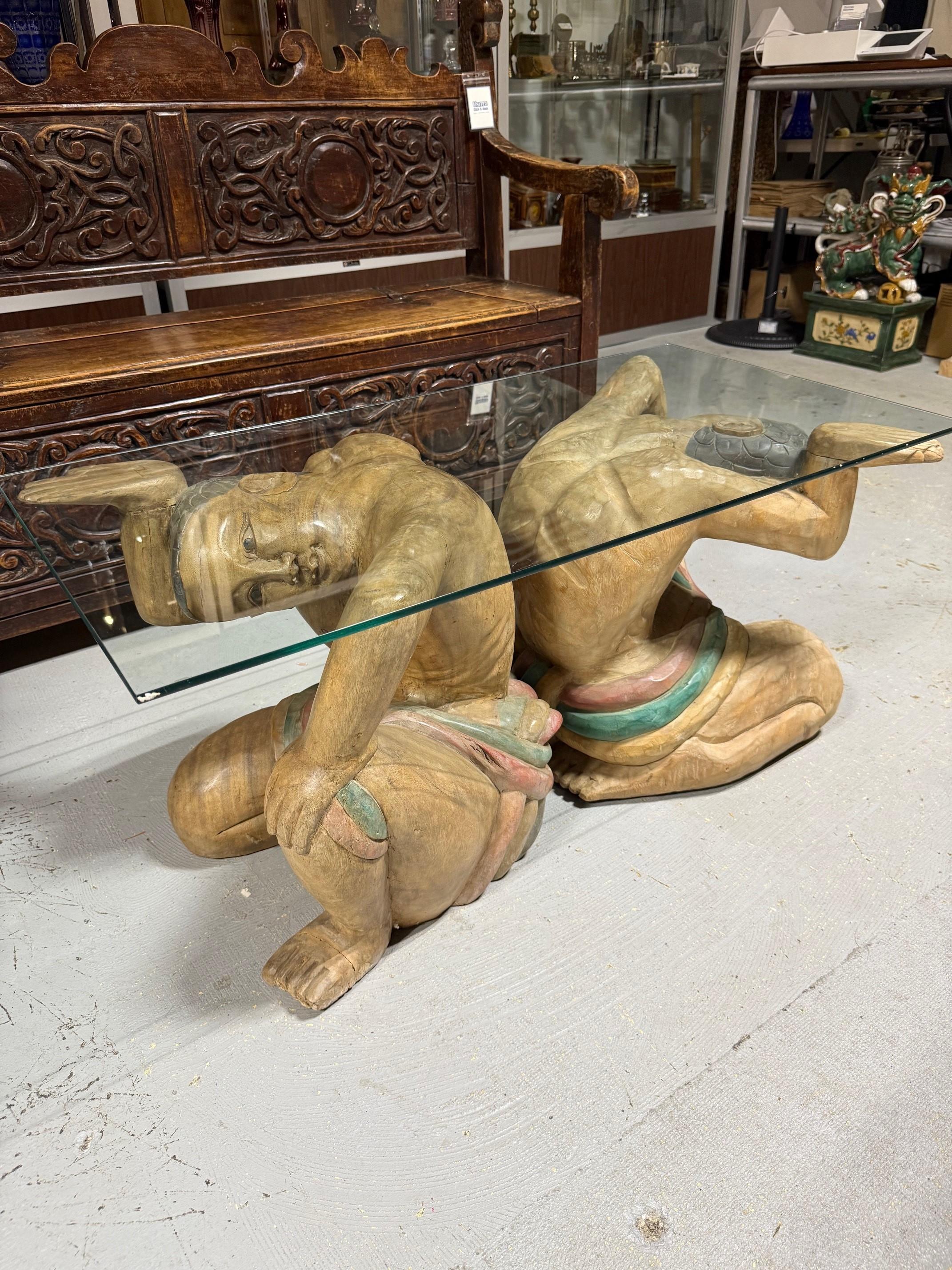 Polychrome Hand Carved Wood Figural Coffee Table, Glass Top For Sale 13