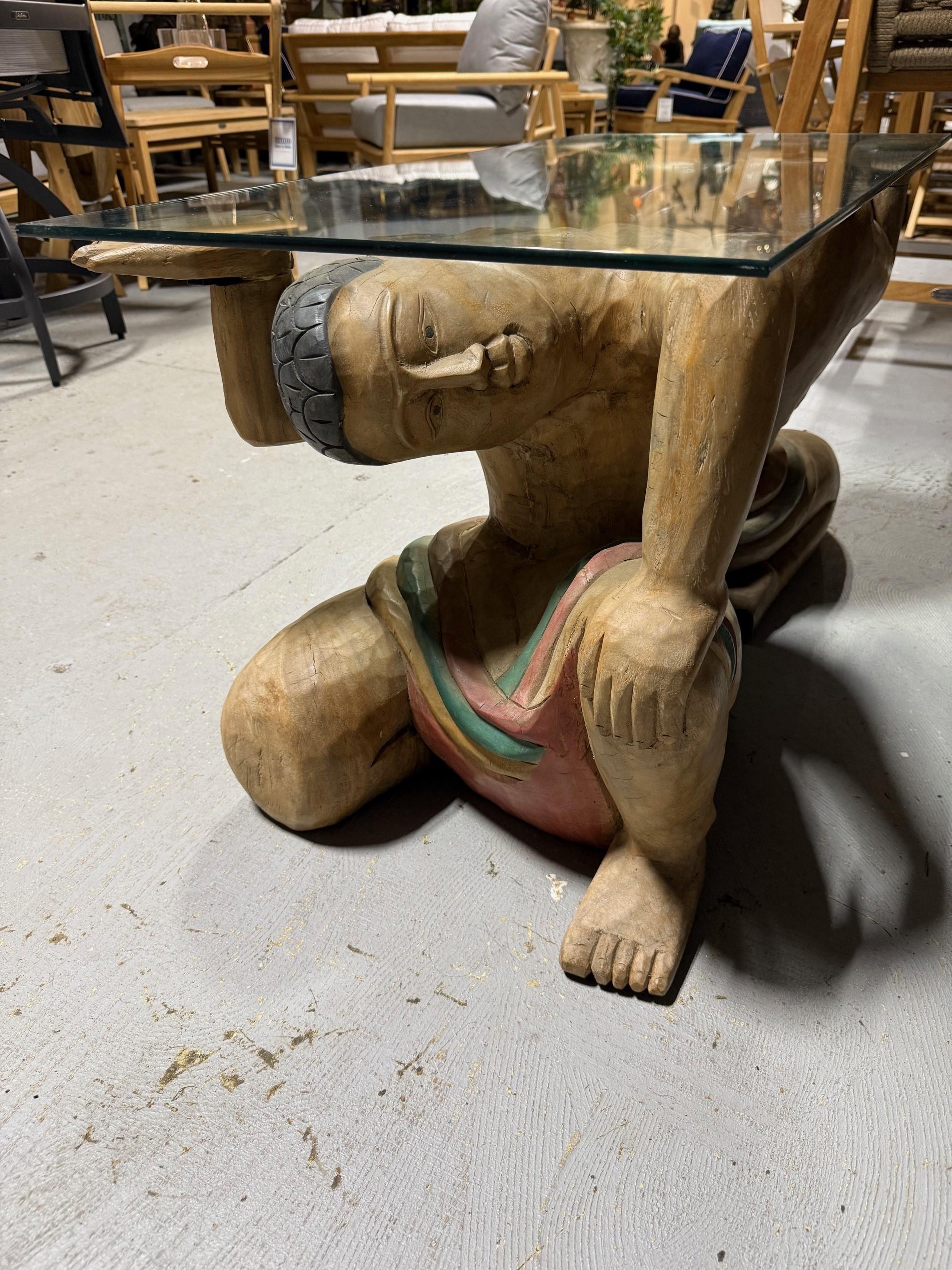 Asian Polychrome Hand Carved Wood Figural Coffee Table, Glass Top For Sale