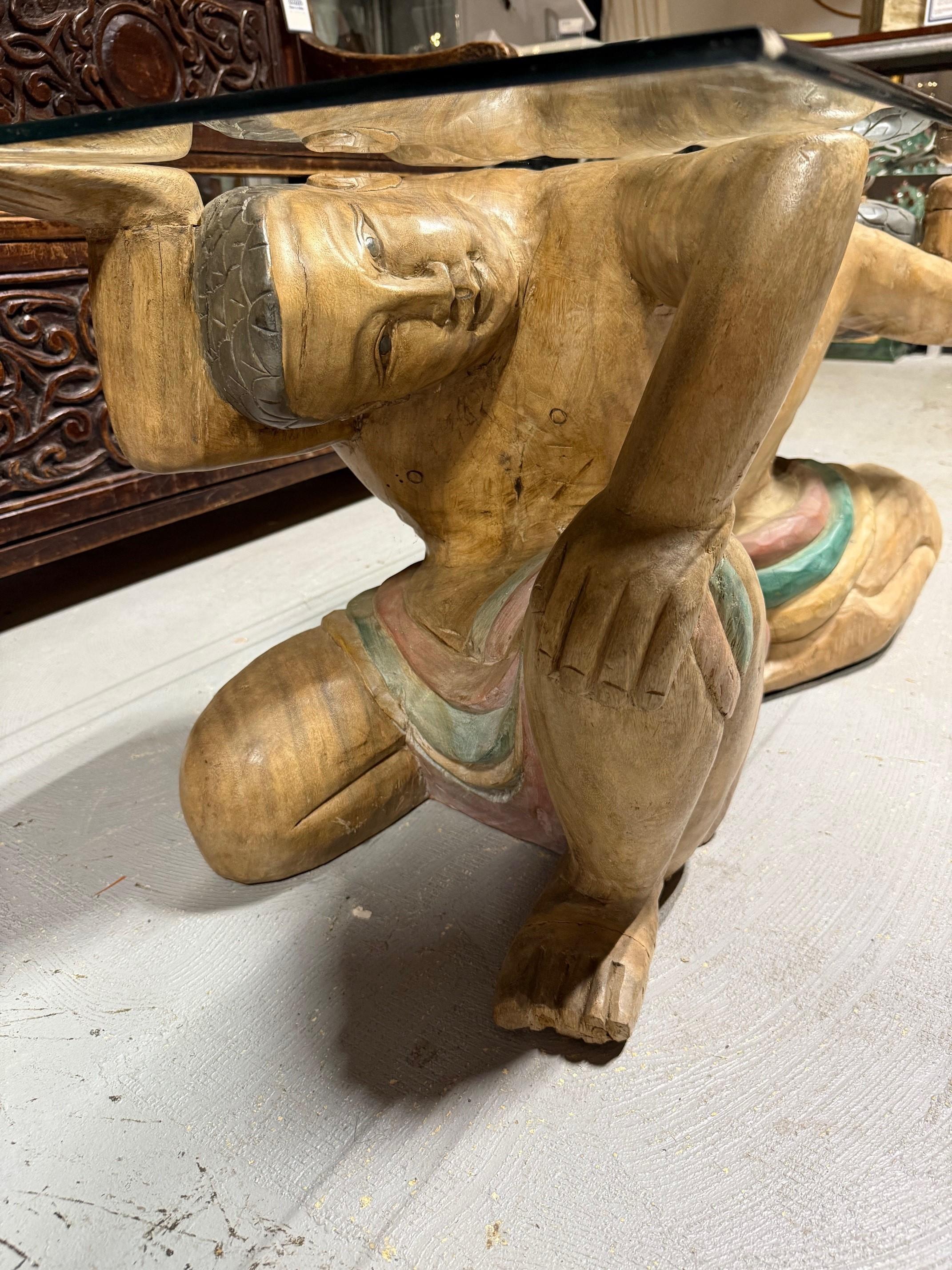 Polychrome Hand Carved Wood Figural Coffee Table, Glass Top In Good Condition For Sale In Stamford, CT