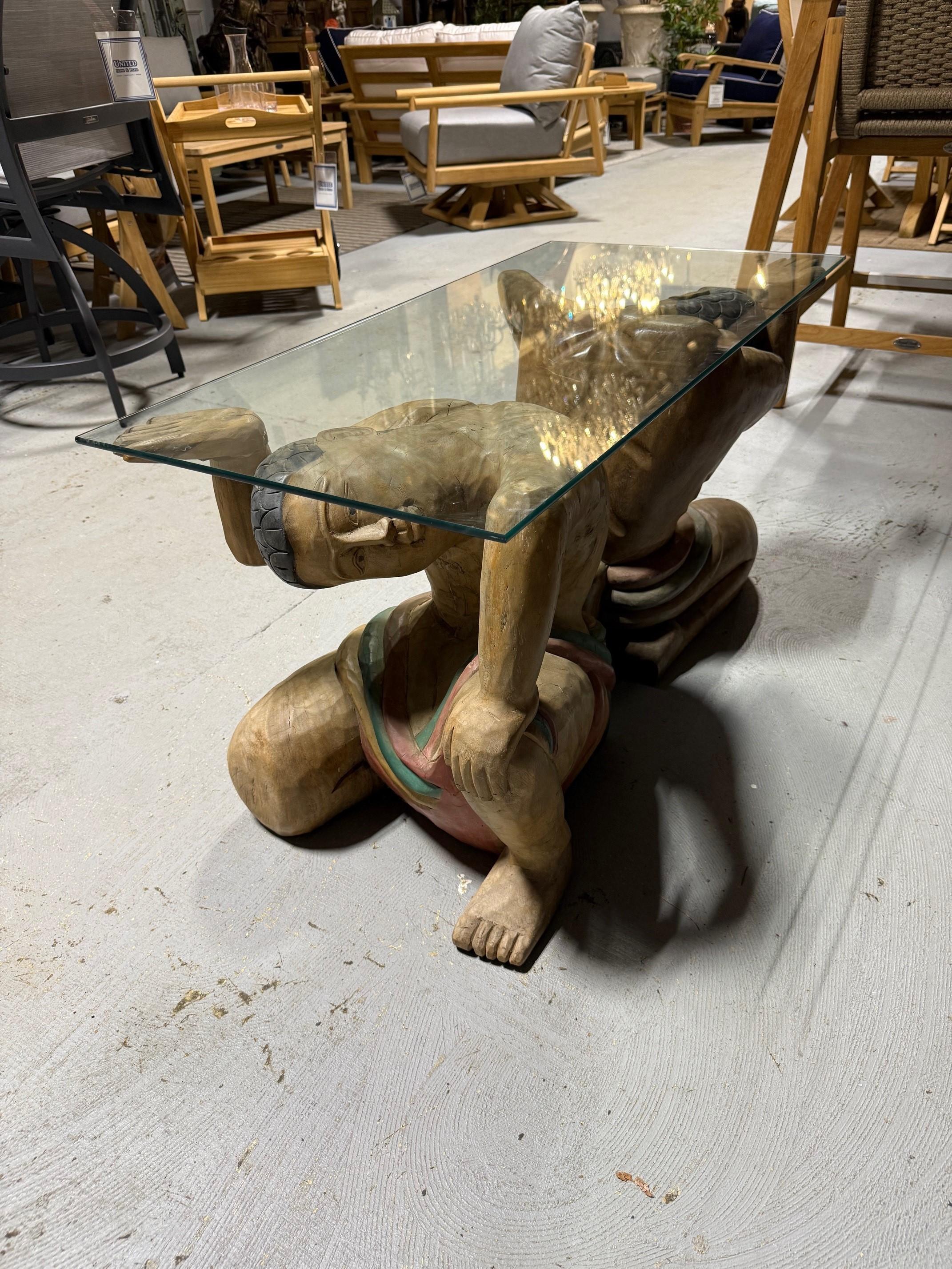 20th Century Polychrome Hand Carved Wood Figural Coffee Table, Glass Top For Sale