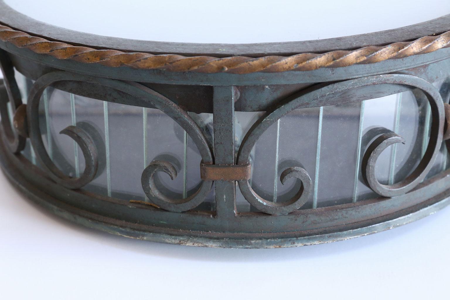 Hand-Crafted Polychrome Iron French Flush Mount with Original Patina