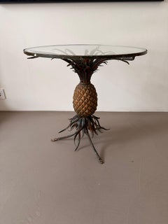Polychrome Iron Pineapple Coffee Table with Glass Top, Hollywood Regency Style