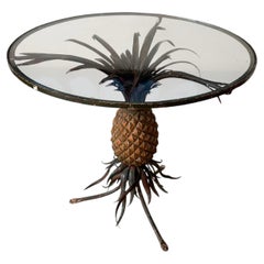 Polychrome Iron Pineapple Coffee Table with Glass Top, Hollywood Regency Style