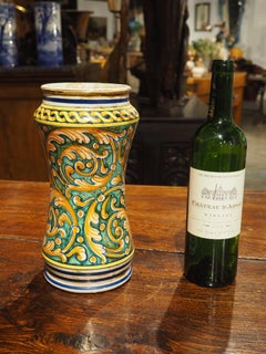 Polychrome Italian Albarello Jar with Foliate Decorations, Late 19th Century