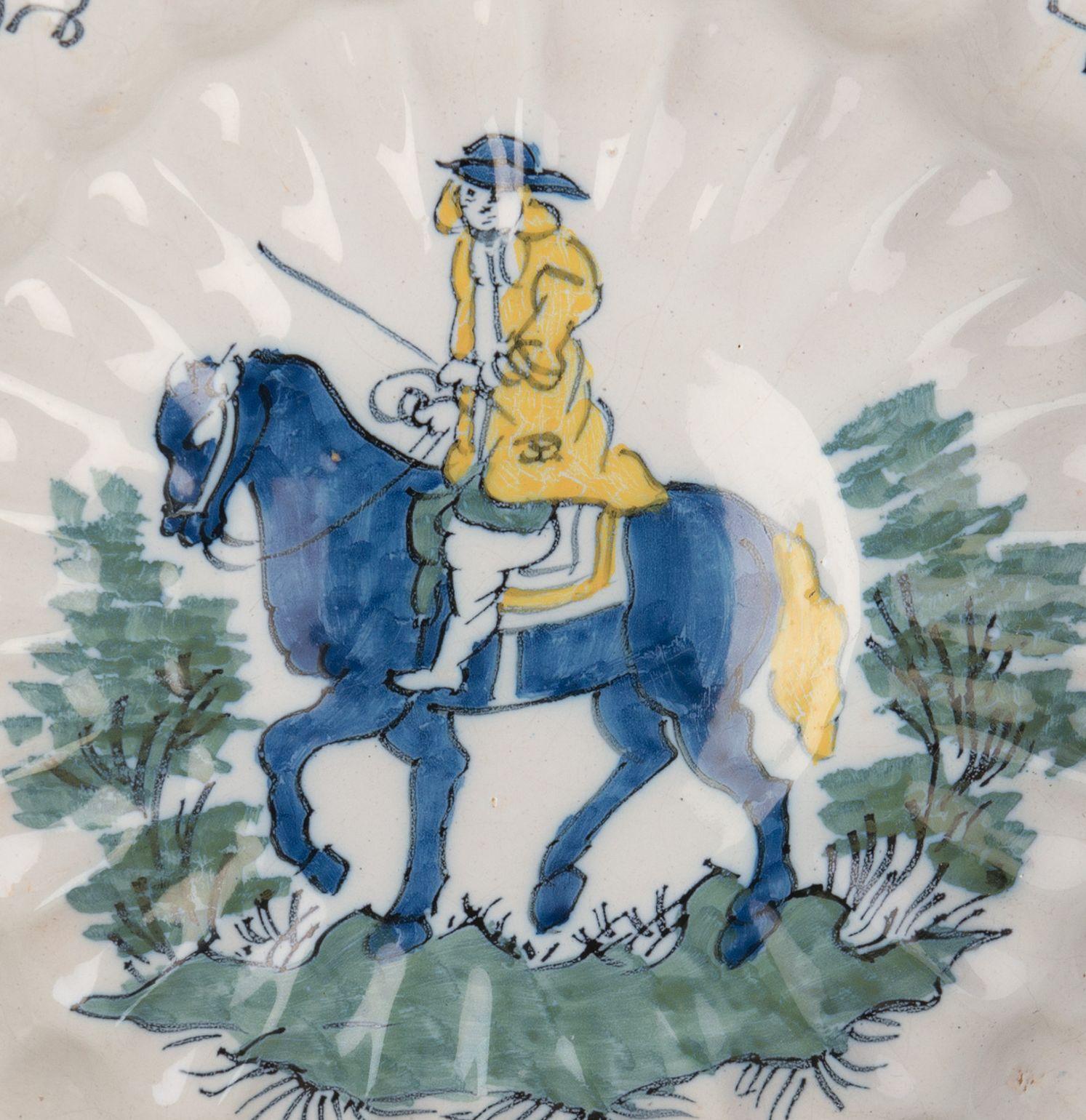 Baroque Polychrome Lobed Dish with Horseman Delft, 1690-1700 For Sale