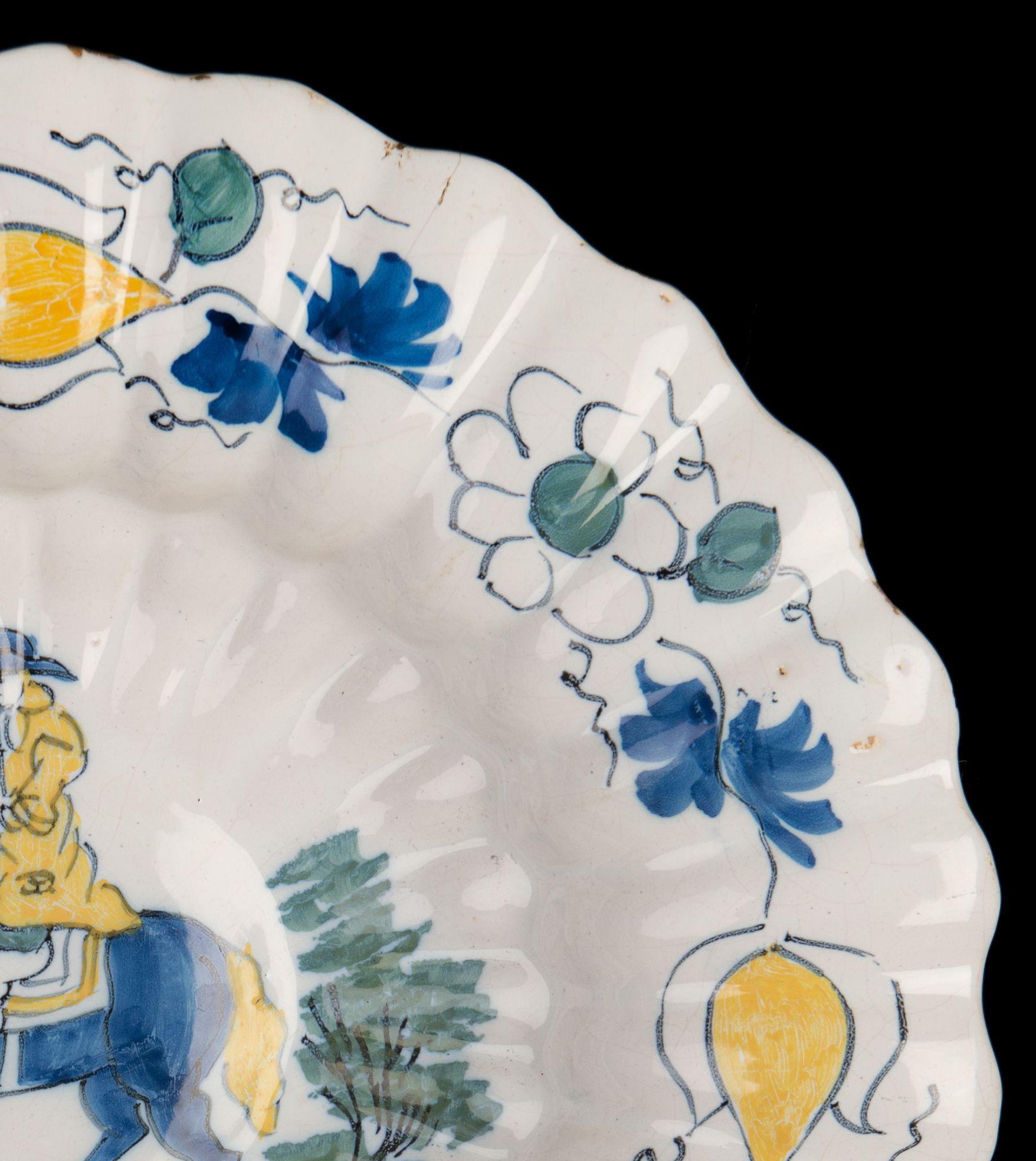 Dutch Polychrome Lobed Dish with Horseman Delft, 1690-1700 For Sale