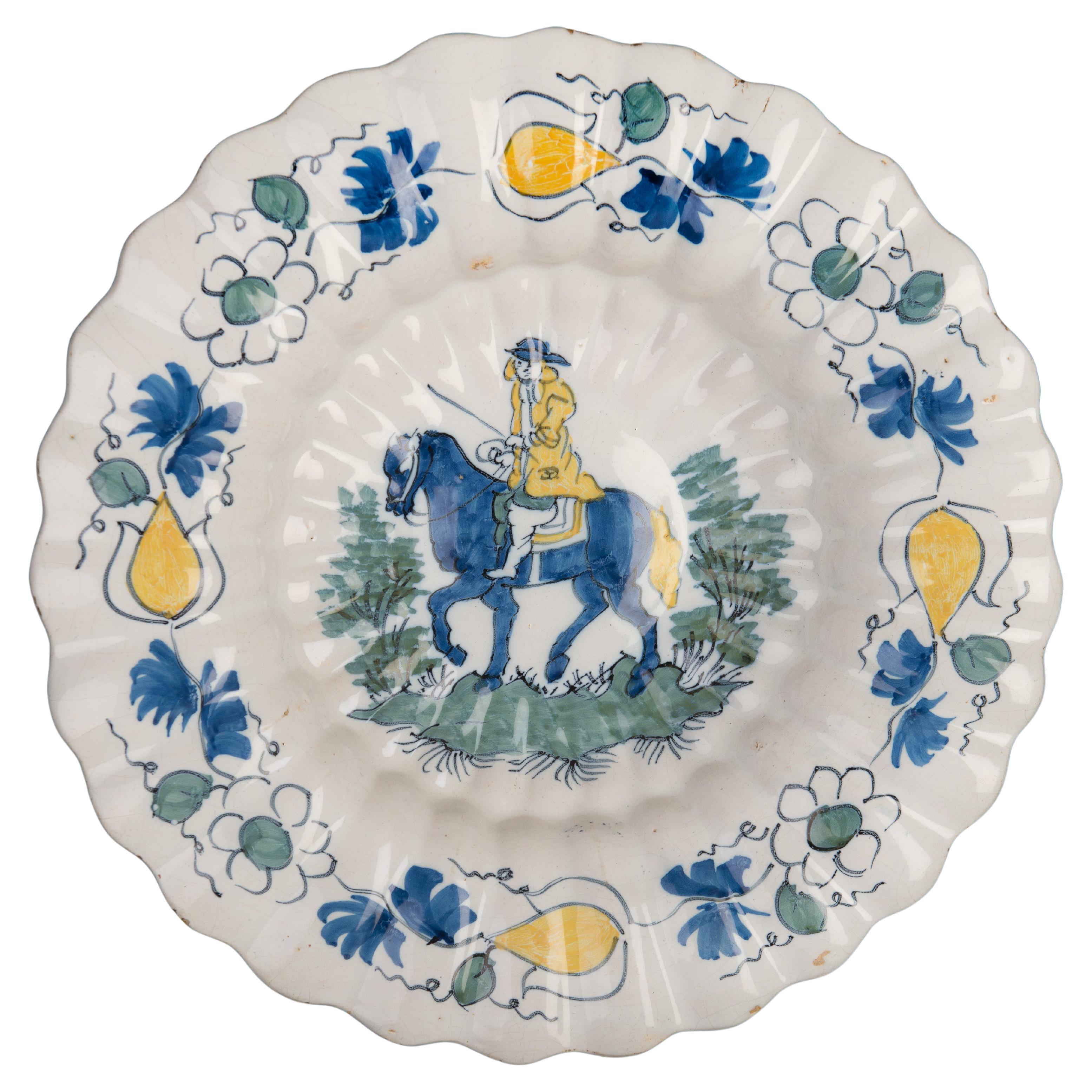 Polychrome Lobed Dish with Horseman Delft, 1690-1700 For Sale