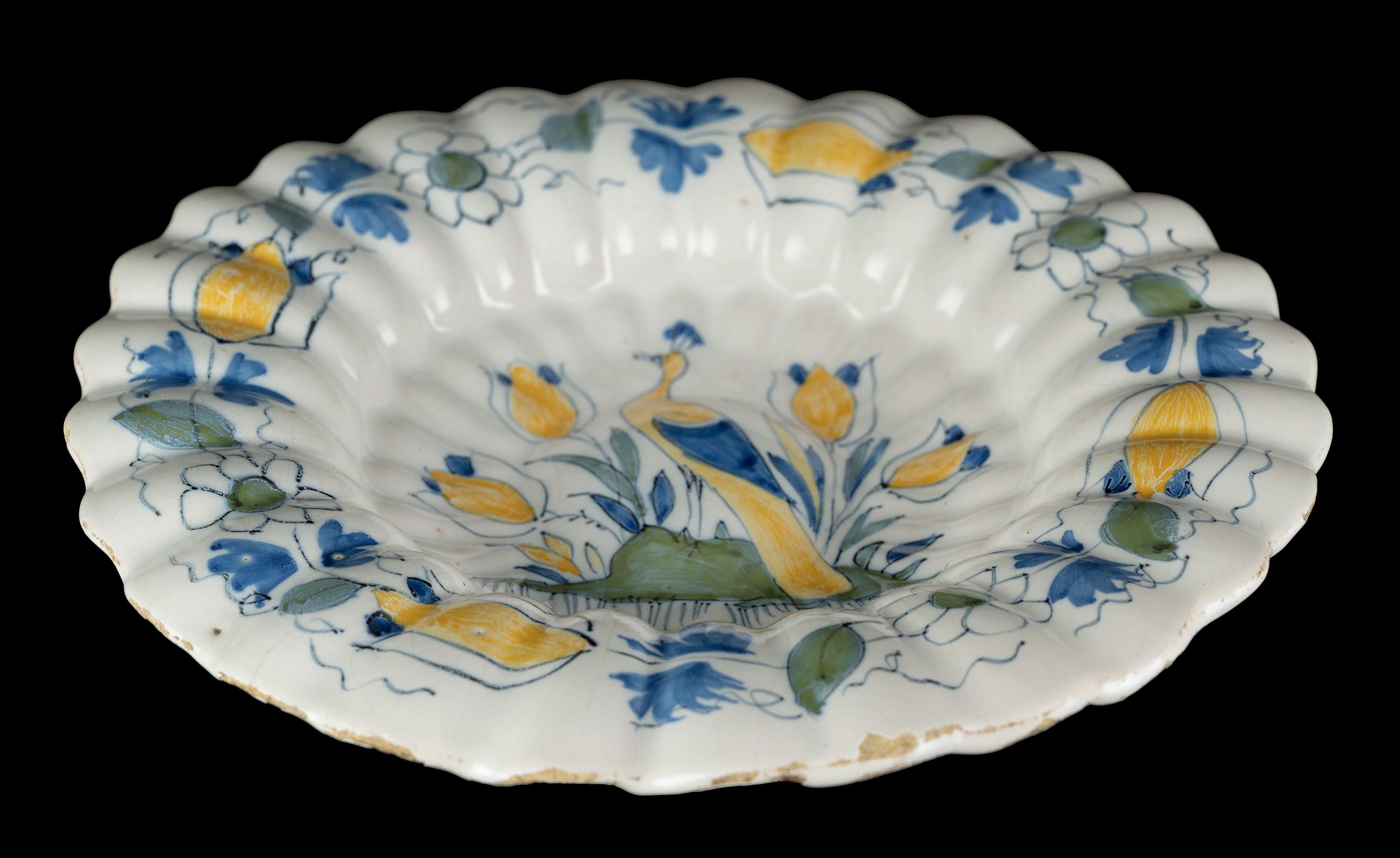 Ceramic Polychrome Lobed Dish with Peacock and Tulips Delft, circa 1690 For Sale