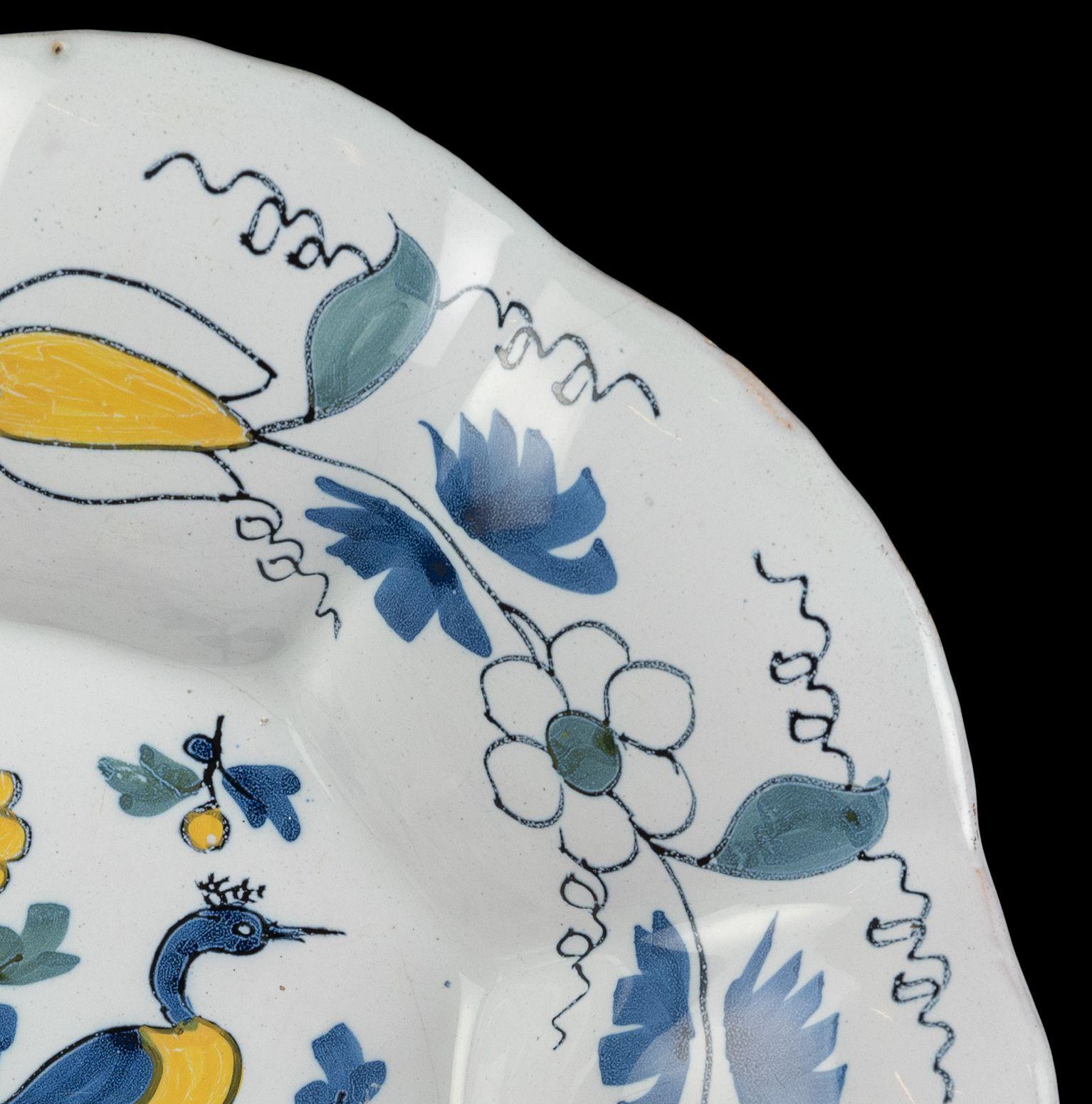 Glazed Polychrome Lobed Dish with Peacock. Delft, circa 1680 For Sale