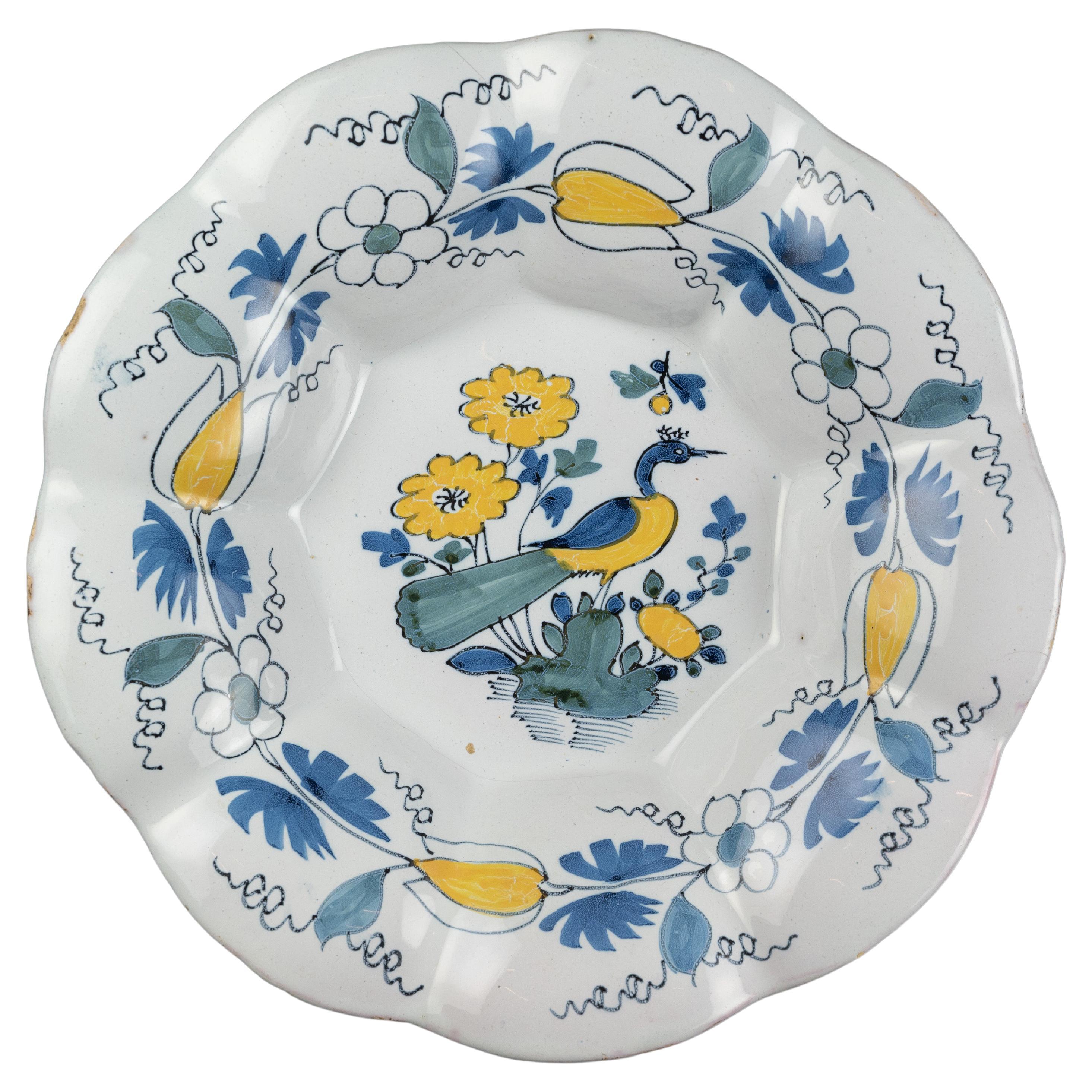 Polychrome Lobed Dish with Peacock. Delft, circa 1680 For Sale