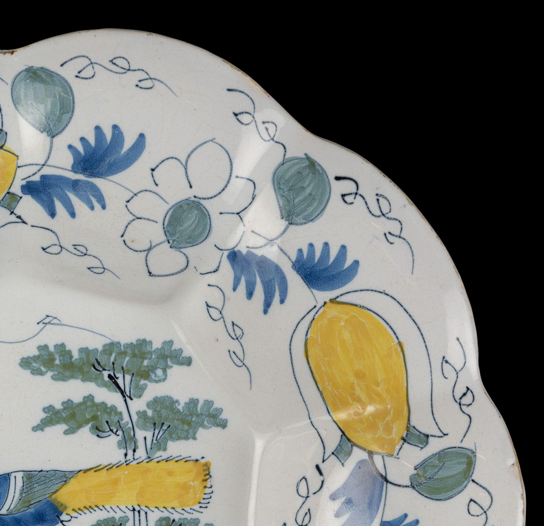 Glazed Polychrome Lobed Dish with Peacock in Landscape, Delft, circa 1690 For Sale