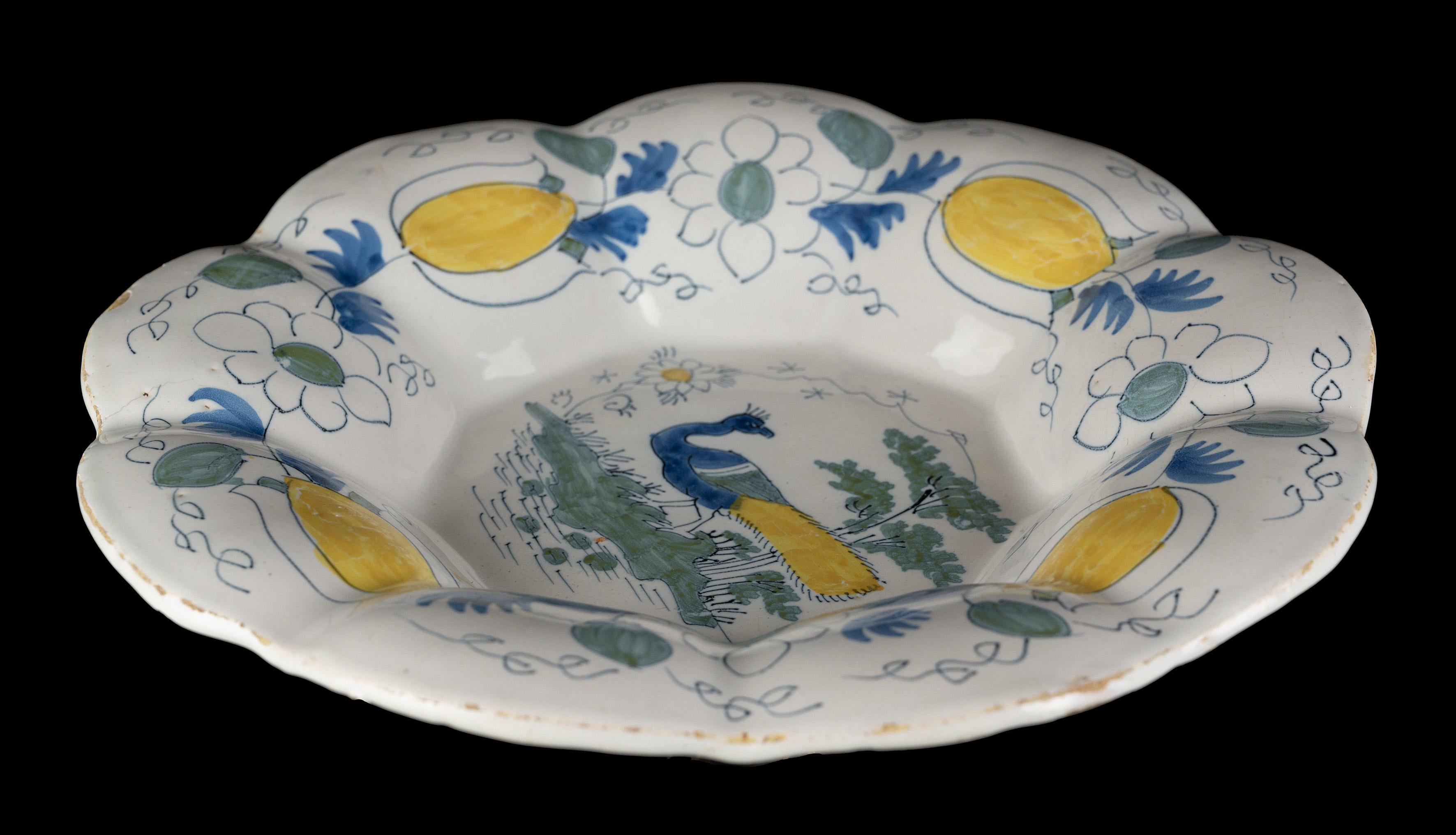 Polychrome Lobed Dish with Peacock in Landscape, Delft, circa 1690 For Sale 1