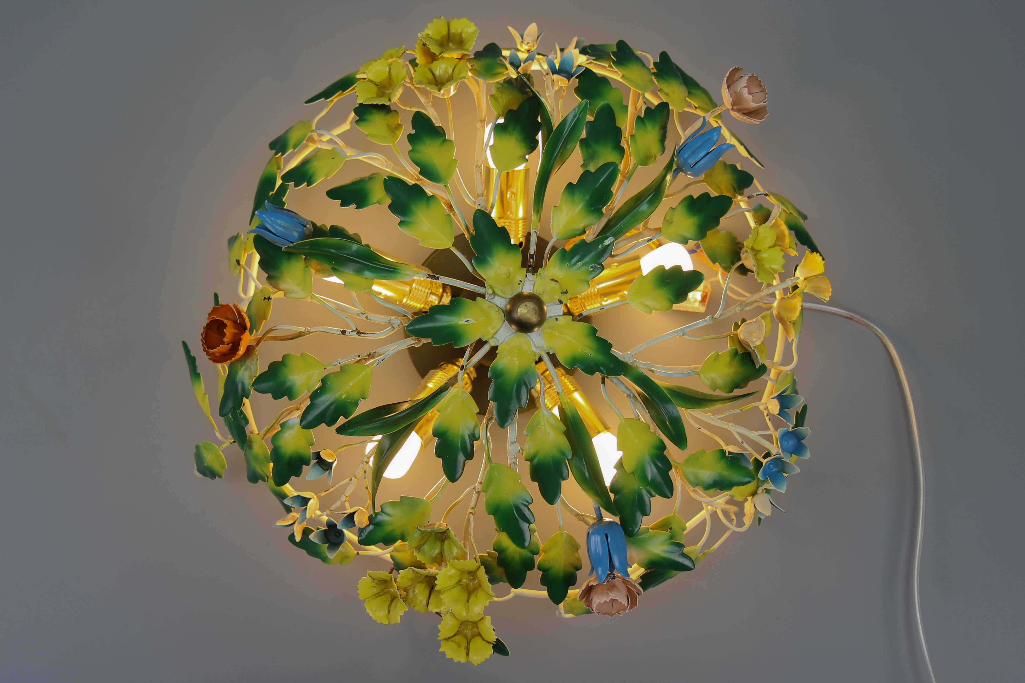 Mid-Century Modern Polychrome Painted Metal Flower Five-Light Ceiling Light For Sale