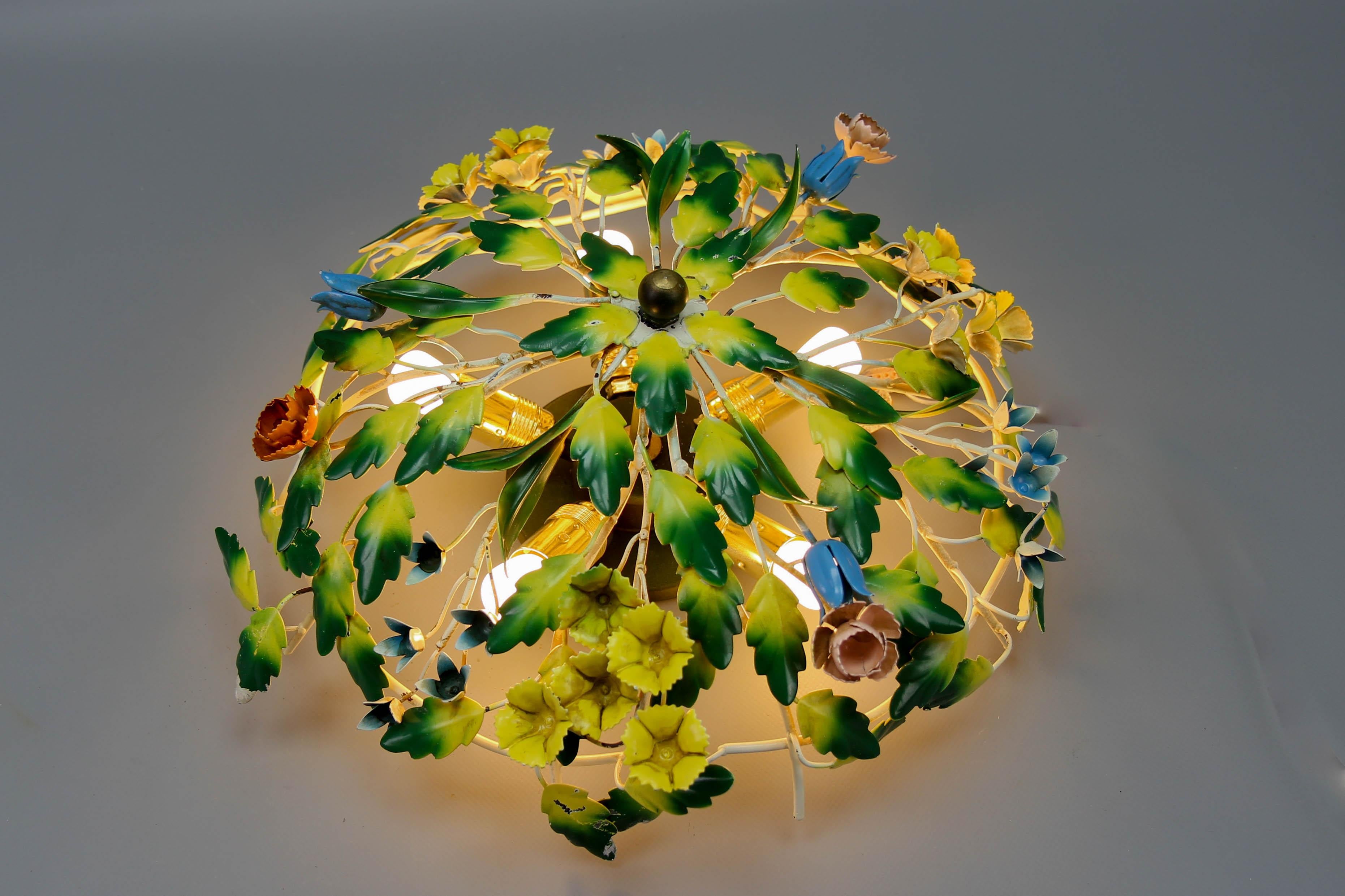 Italian Polychrome Painted Metal Flower Five-Light Ceiling Light For Sale