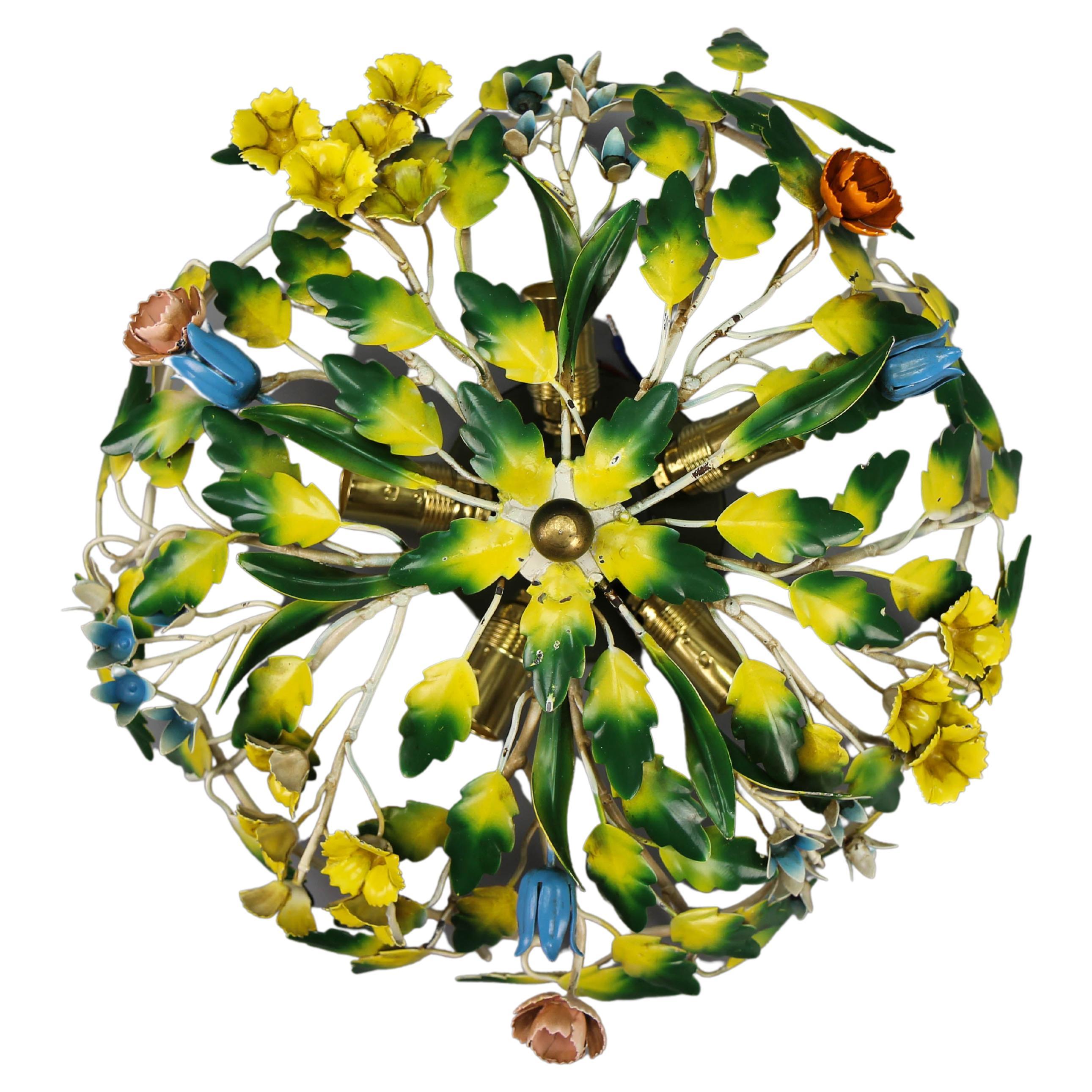 Polychrome Painted Metal Flower Five-Light Ceiling Light For Sale