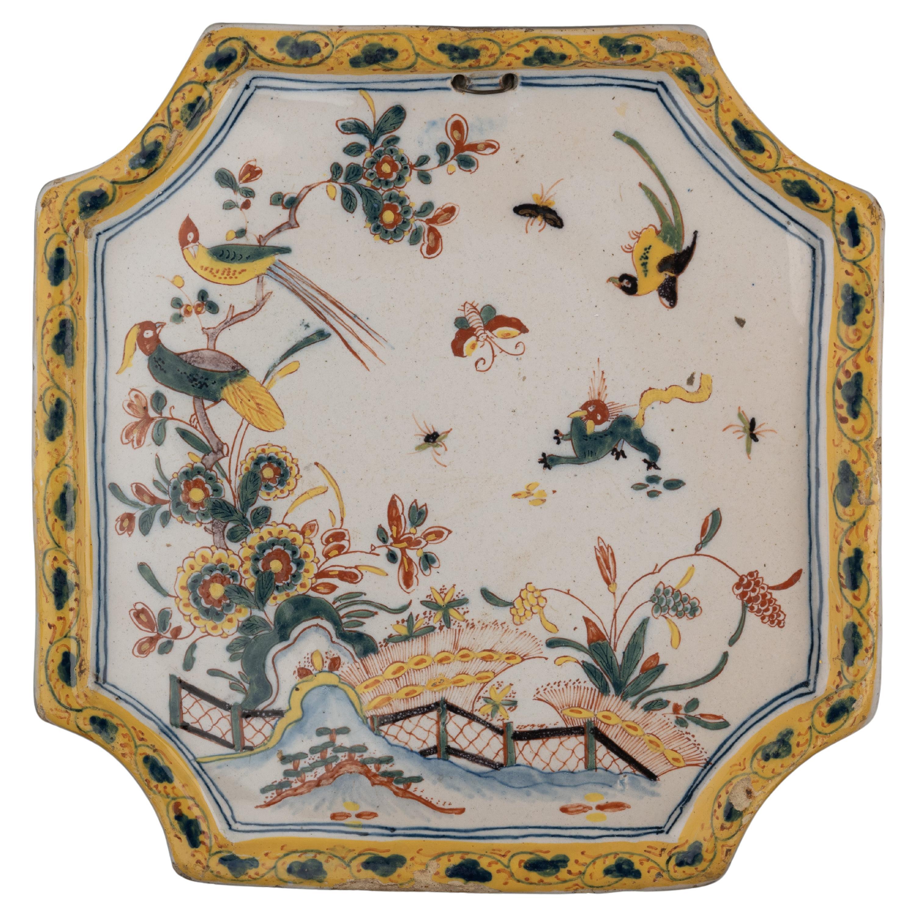 Polychrome plaque with oriental floral decoration Delft, 1740-1760 For Sale