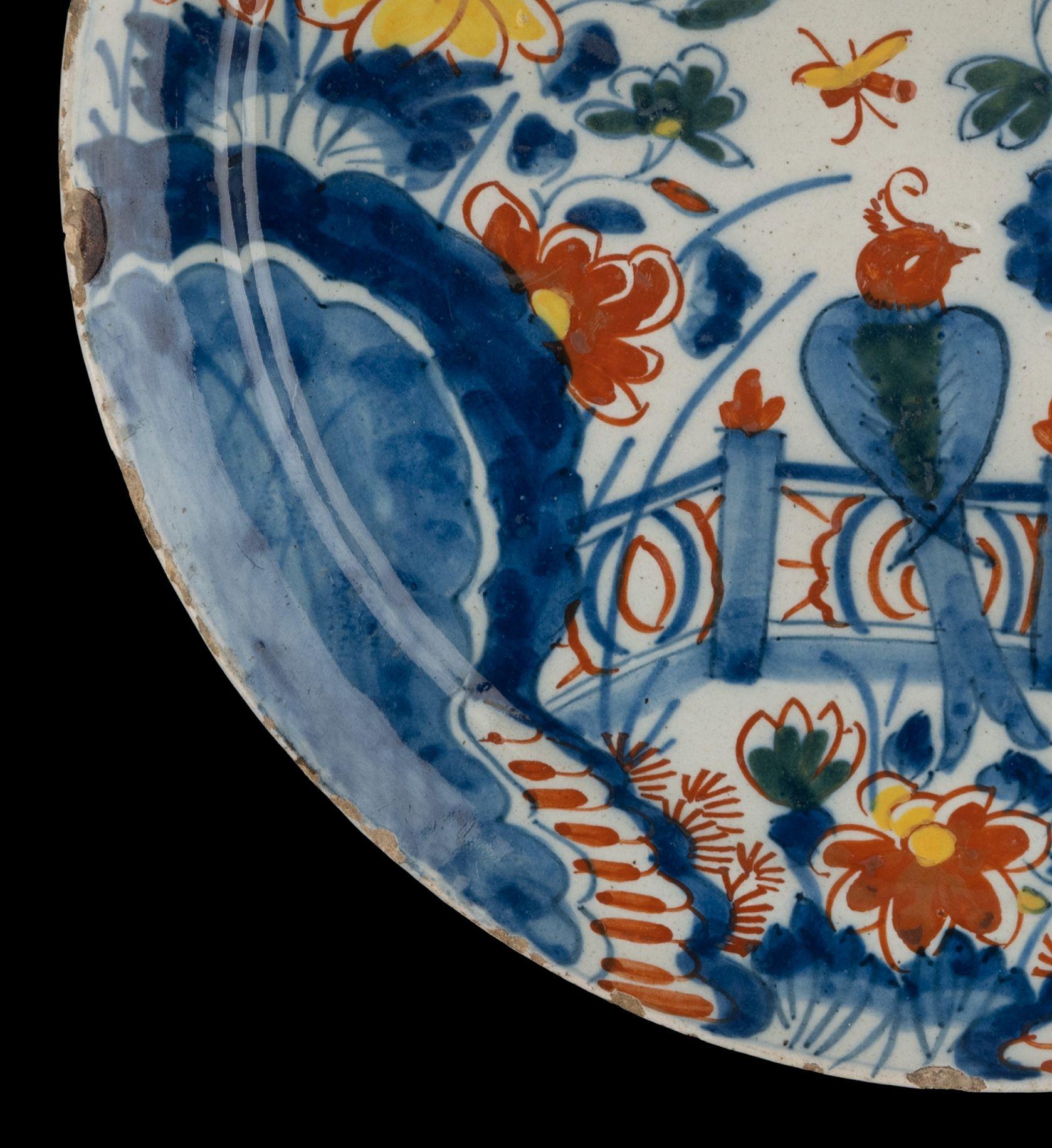 18th Century Polychrome Plate with Flowers Delft, 1713-1740 the Porcelain Claw Pottery