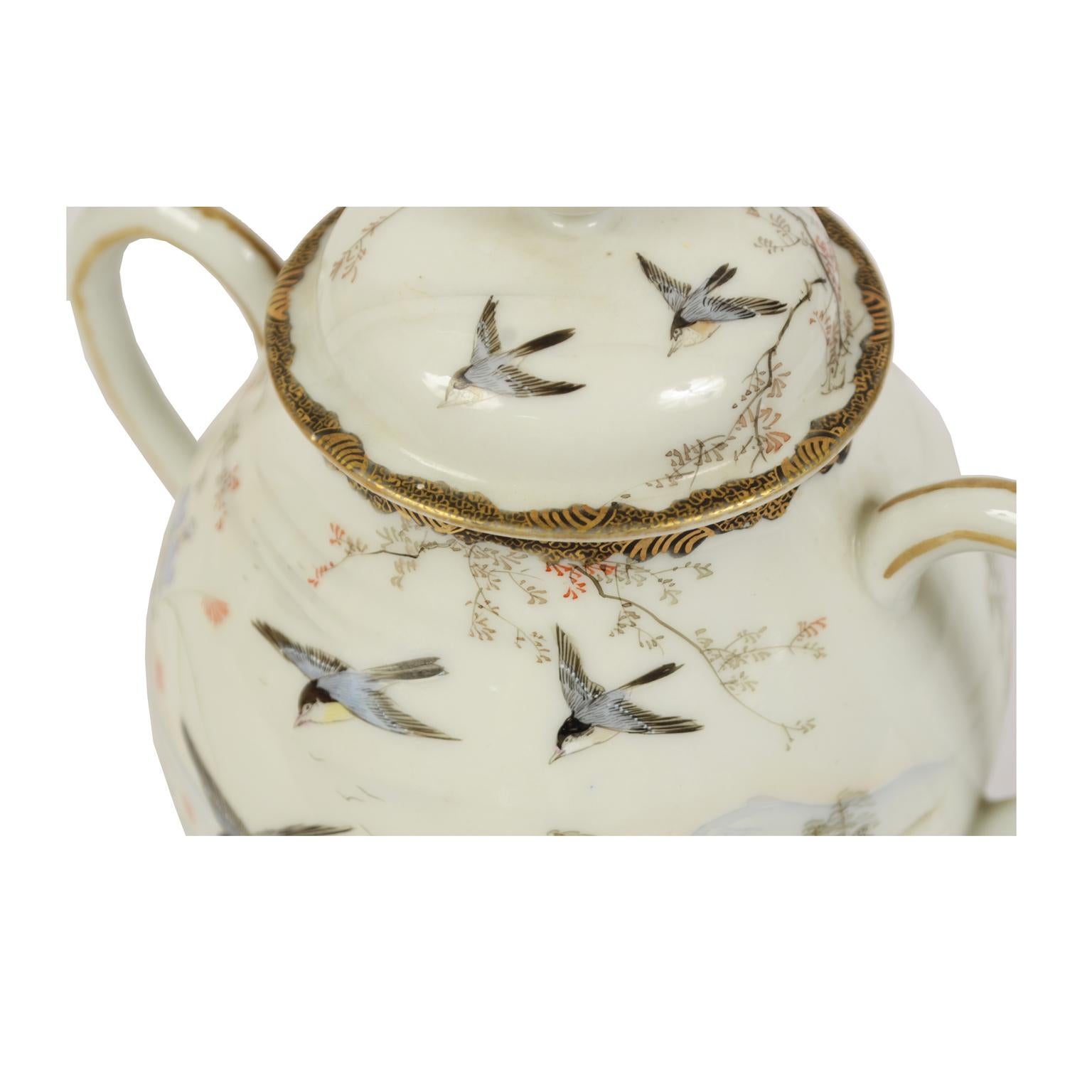 Porcelain Teapot, Milk Jug and Sugar Bowl, Birds and Flowers Japan Early 1900s For Sale 4