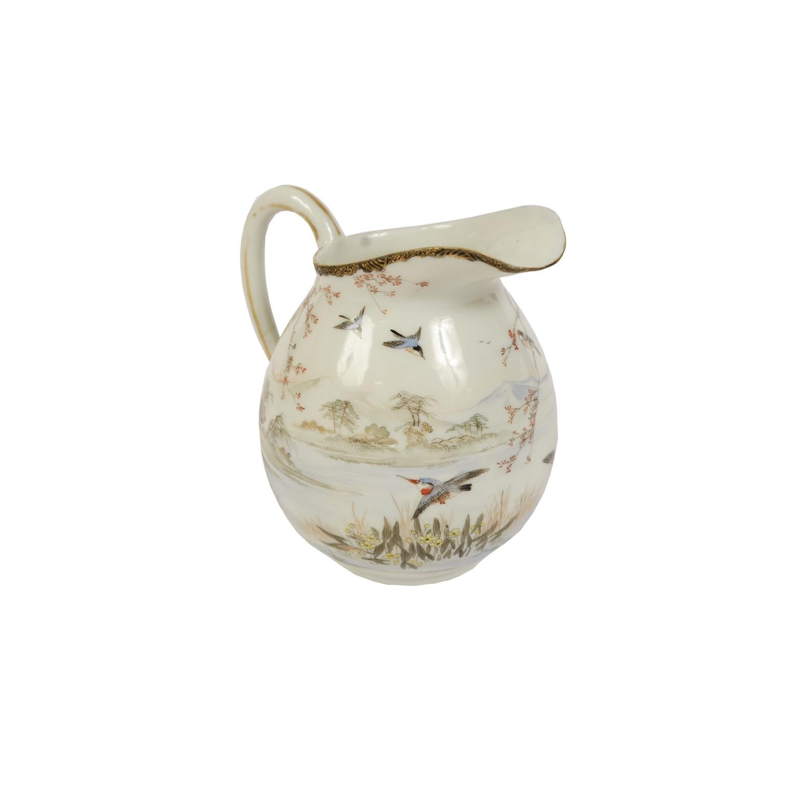 Porcelain Teapot, Milk Jug and Sugar Bowl, Birds and Flowers Japan Early 1900s For Sale 6