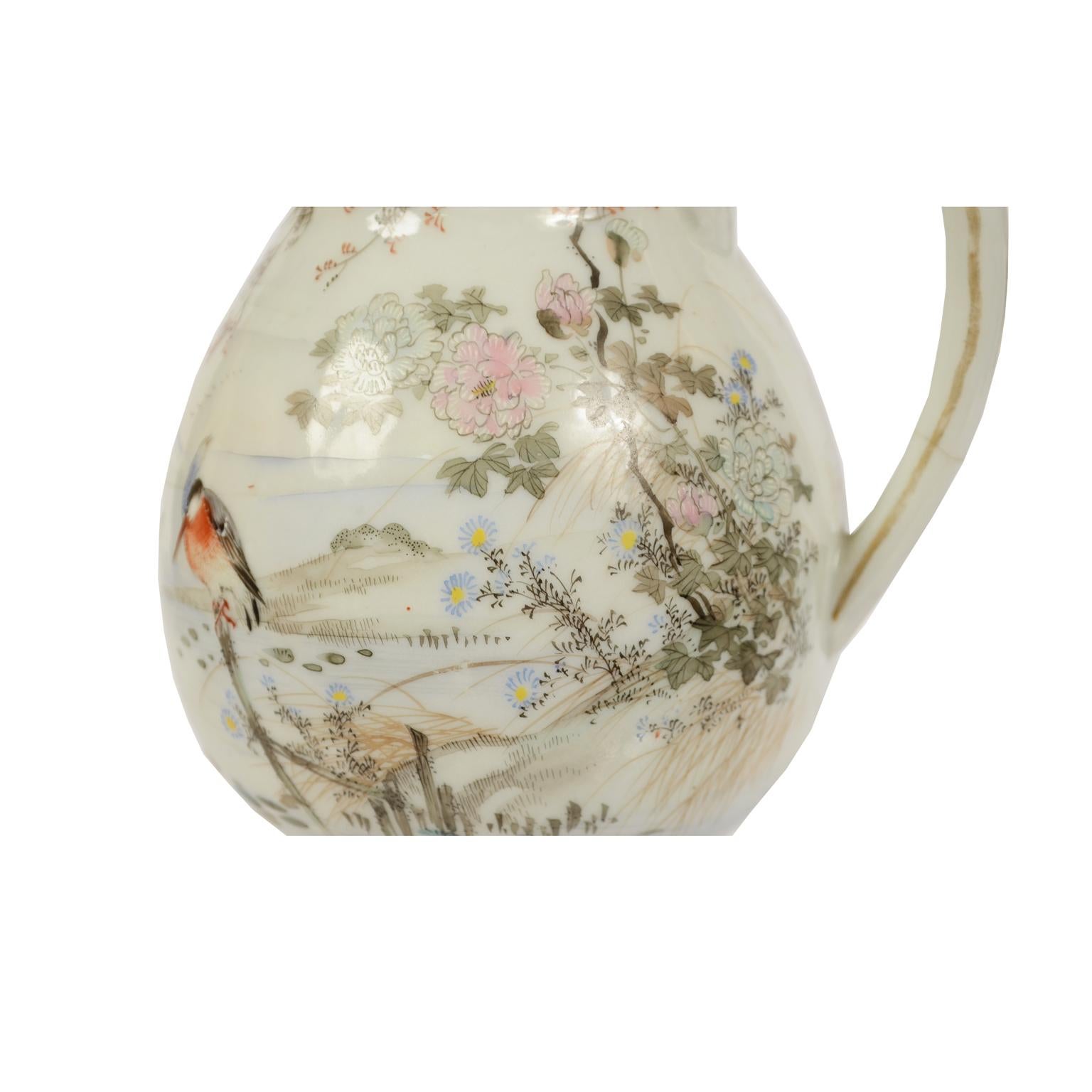 Porcelain Teapot, Milk Jug and Sugar Bowl, Birds and Flowers Japan Early 1900s For Sale 7
