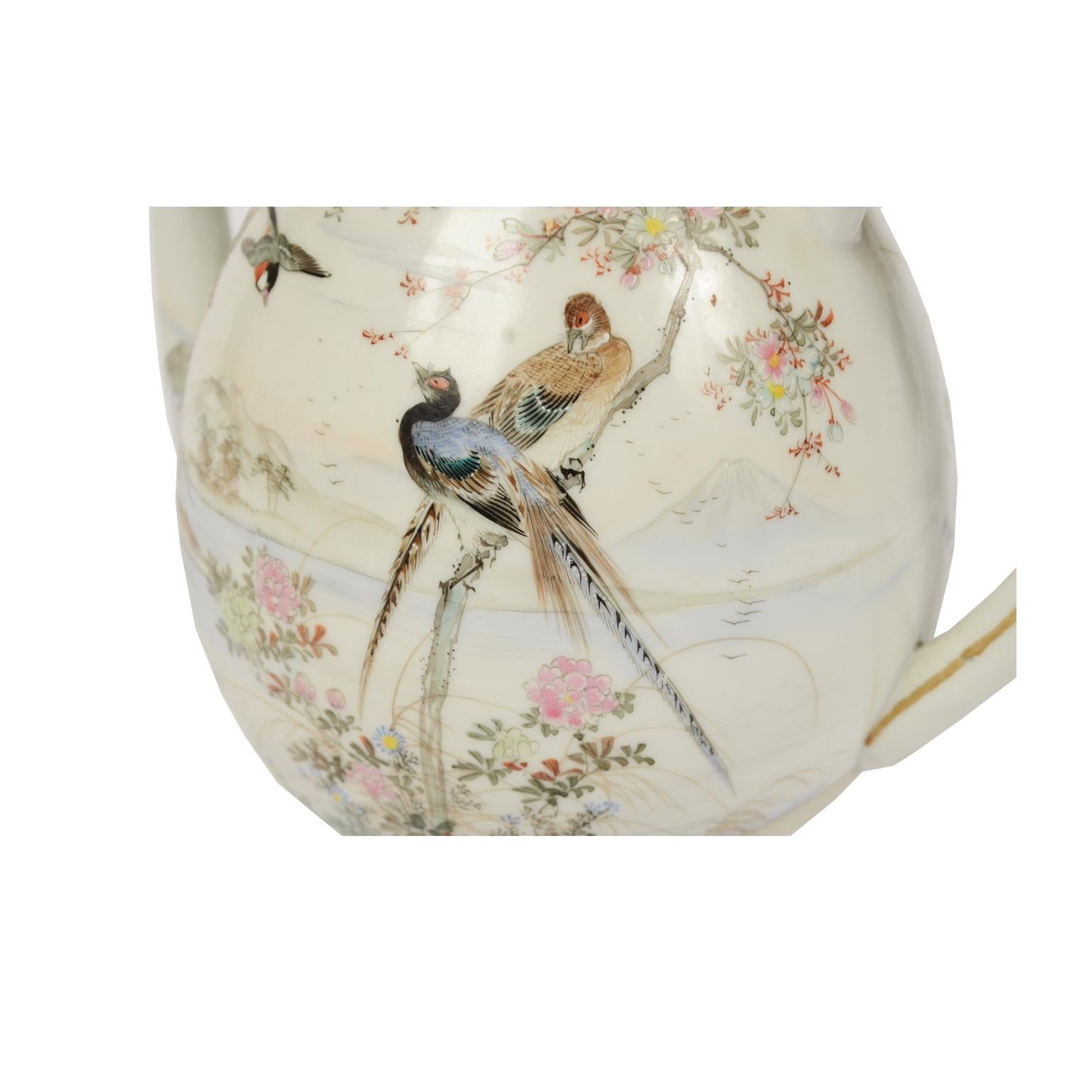 Japanese Porcelain Teapot, Milk Jug and Sugar Bowl, Birds and Flowers Japan Early 1900s For Sale