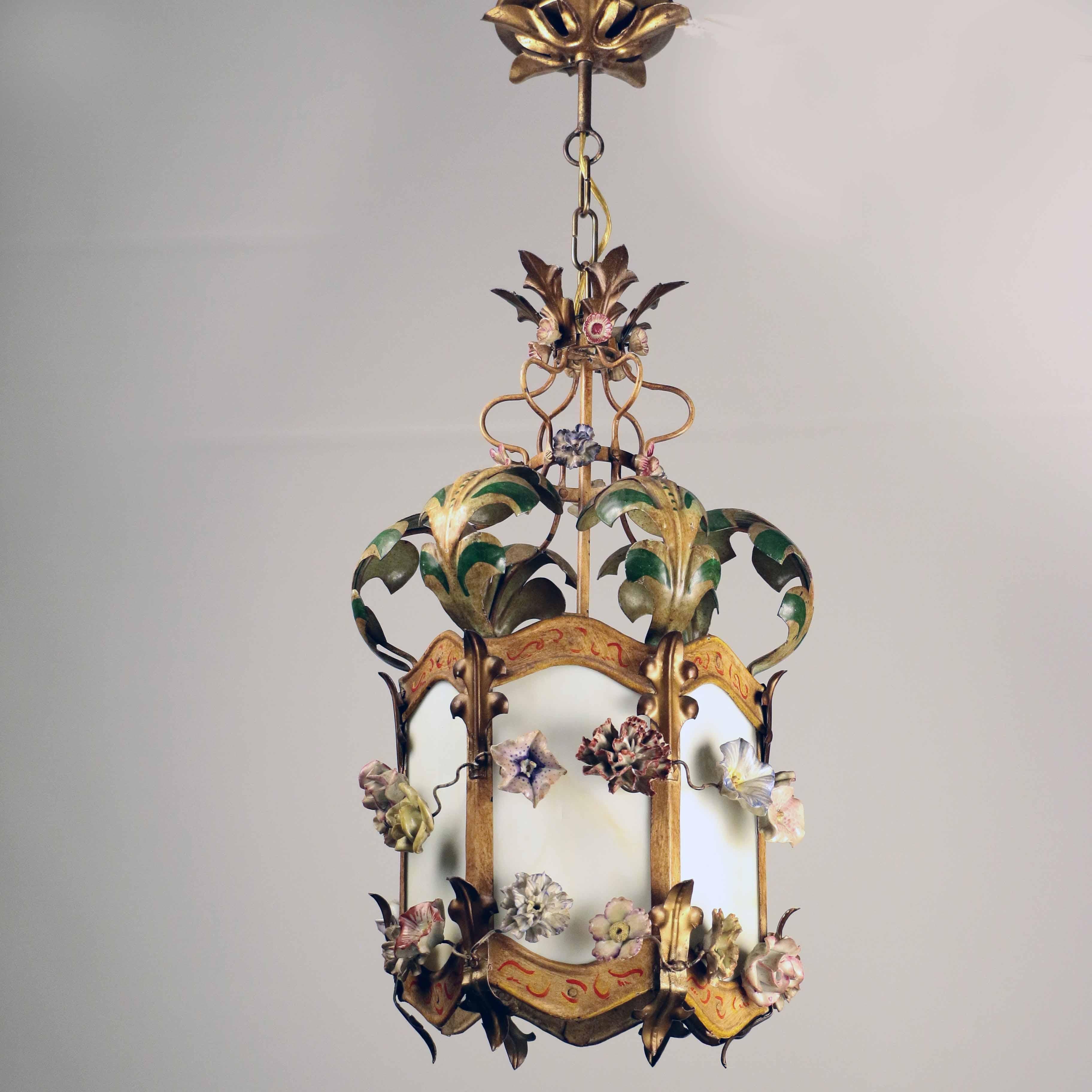 French Polychrome Tôle and Glass Hanging Lantern For Sale