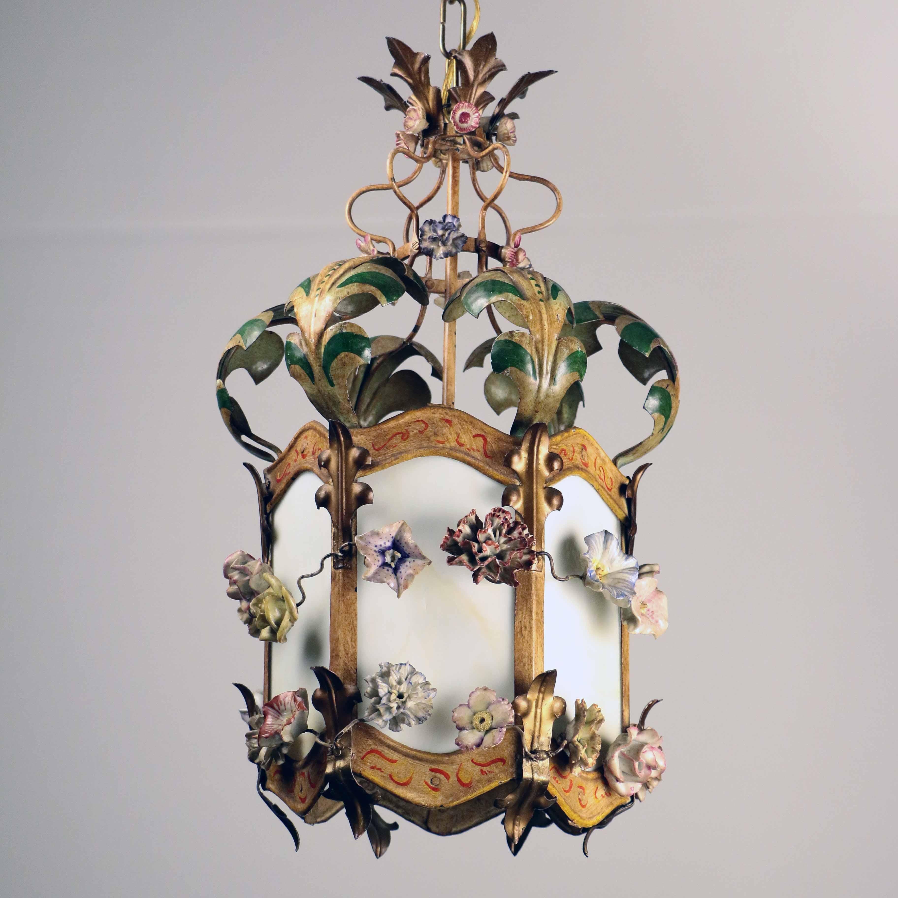 Louis XV Polychrome Tôle and Glass Hanging Lantern For Sale