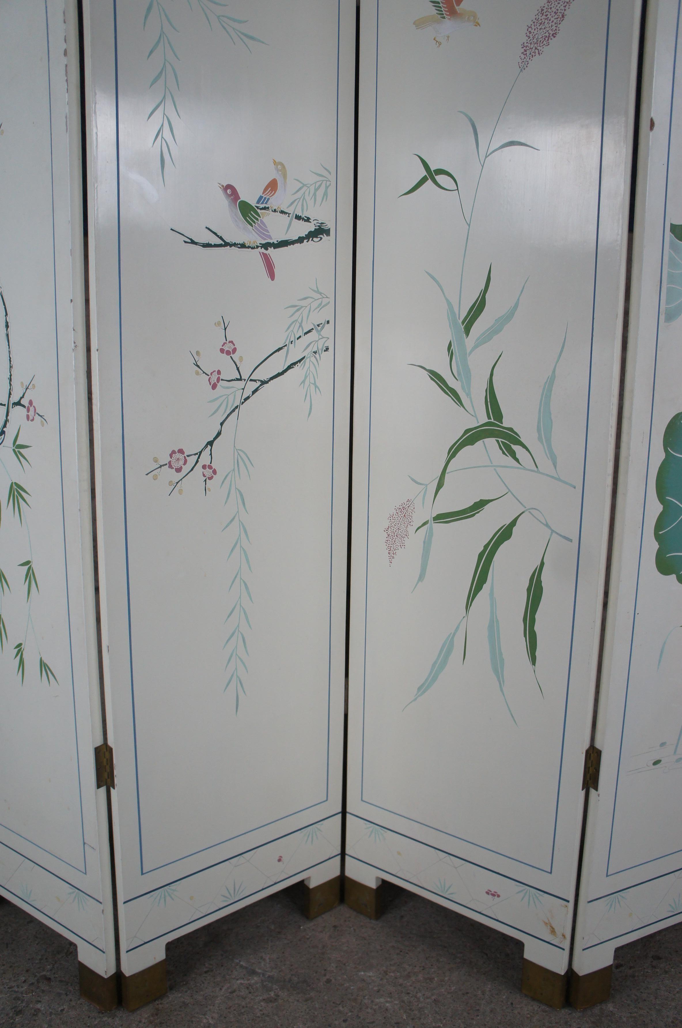 Polychrome White Lacquer Hong Kong Chinoiserie Folding Screen Room Divider Birds 4