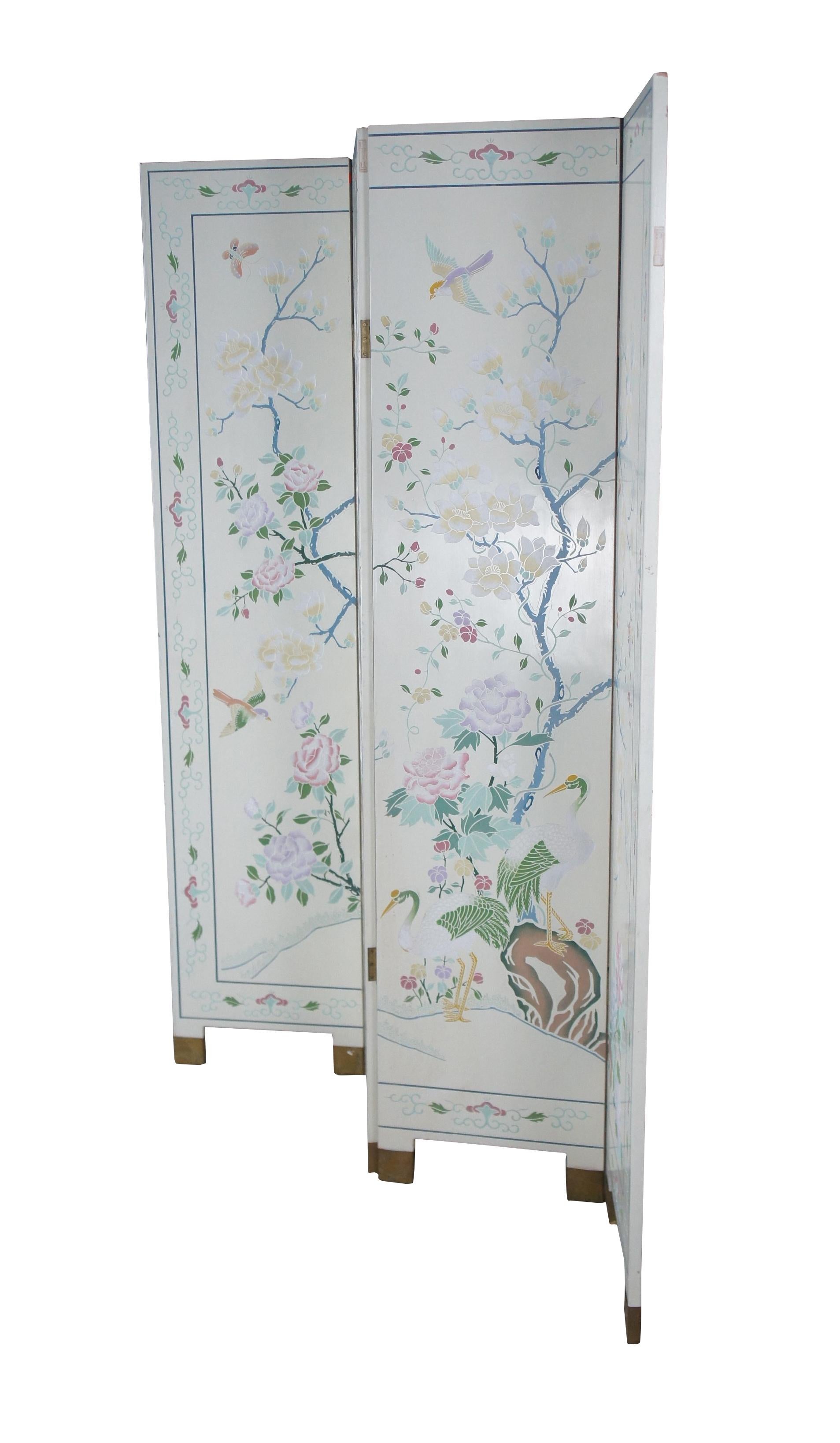 Polychrome White Lacquer Hong Kong Chinoiserie Folding Screen Room Divider Birds For Sale at