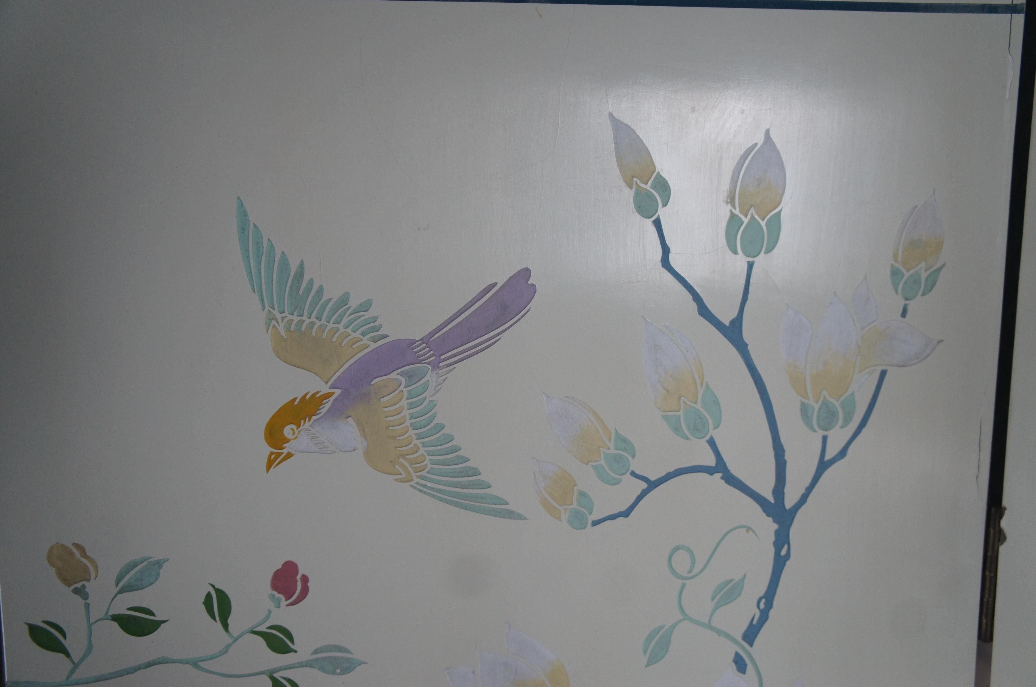 Polychrome White Lacquer Hong Kong Chinoiserie Folding Screen Room Divider Birds For Sale at